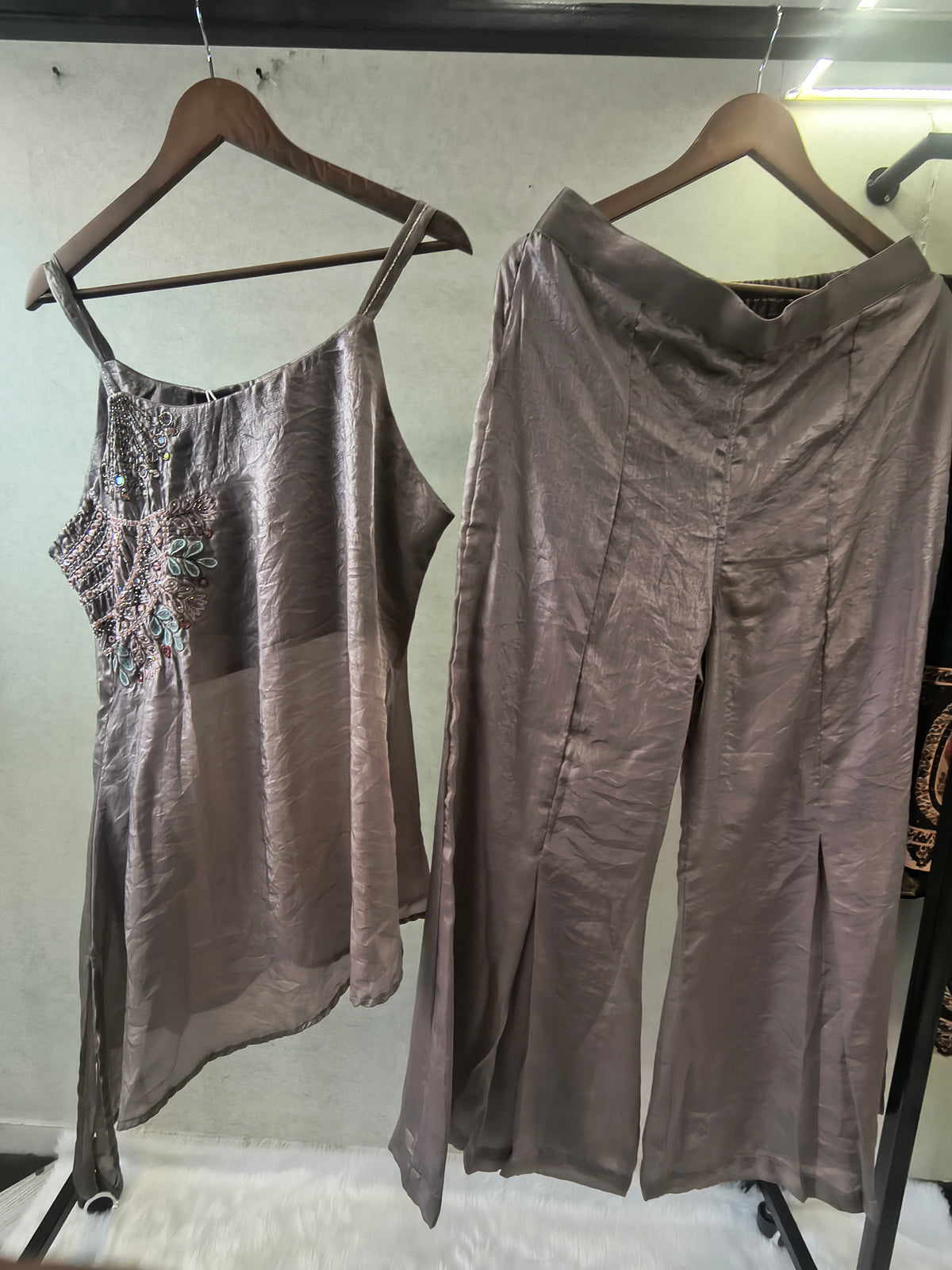 Steel Grey Asymmetrical Embroidered Indo-Western Kurta Set with Straight Pants & Dupatta – 3 Piece Designer Co-Ord Set