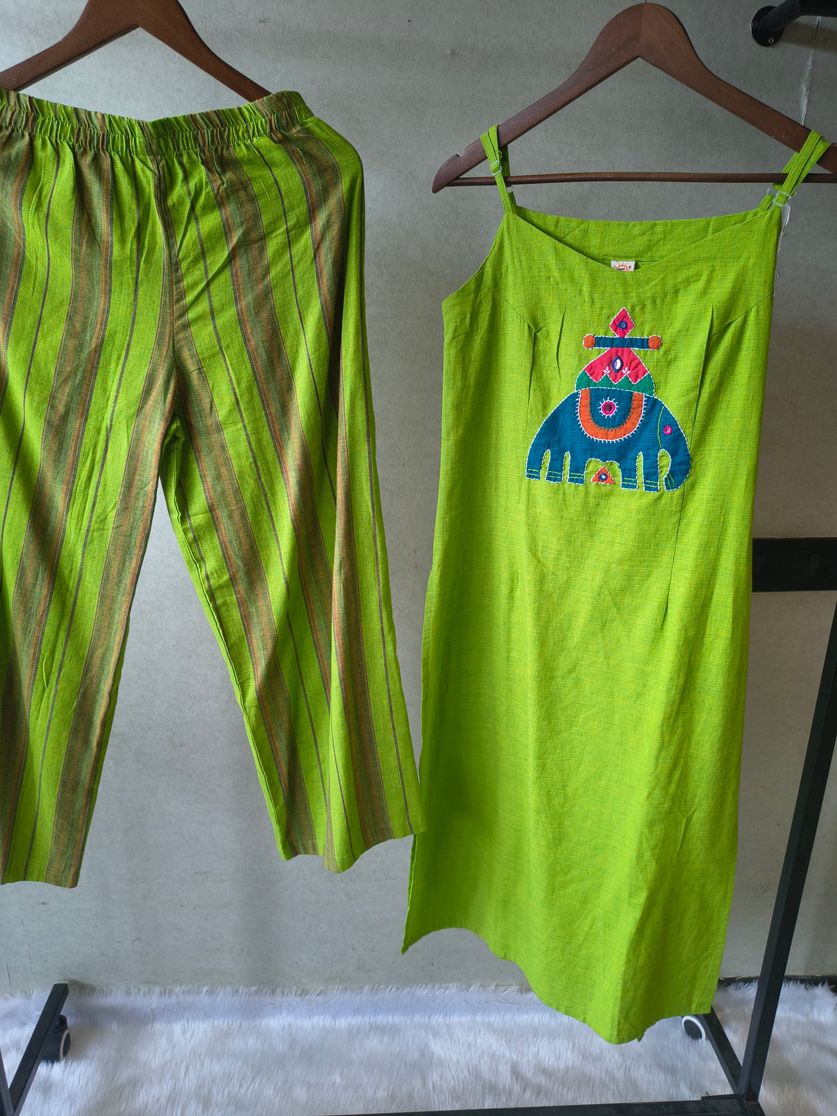 Lime Green Sleeveless Cotton Kurta Set with Tribal Elephant Appliqué & Striped Straight Pants