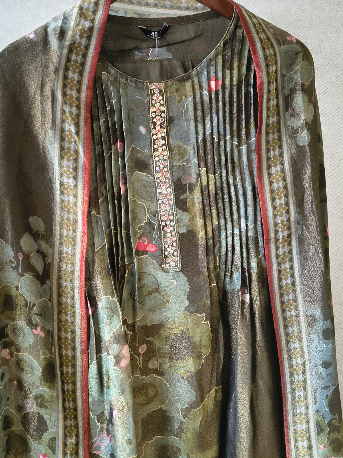 Premium Olive Green Abstract Printed A-Line Kurta Set with Dupatta