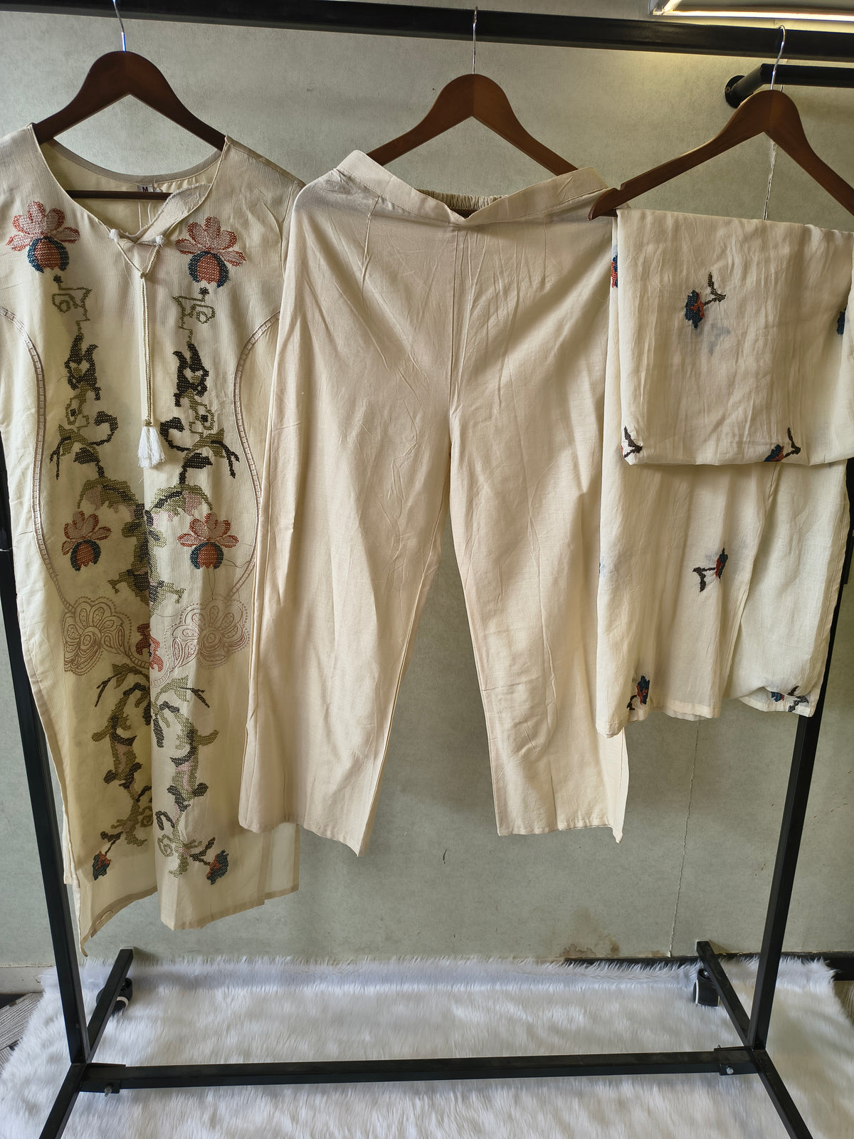 Ivory Cotton 3-Piece Suit Set with Floral Vine Embroidery & Embroidered Dupatta