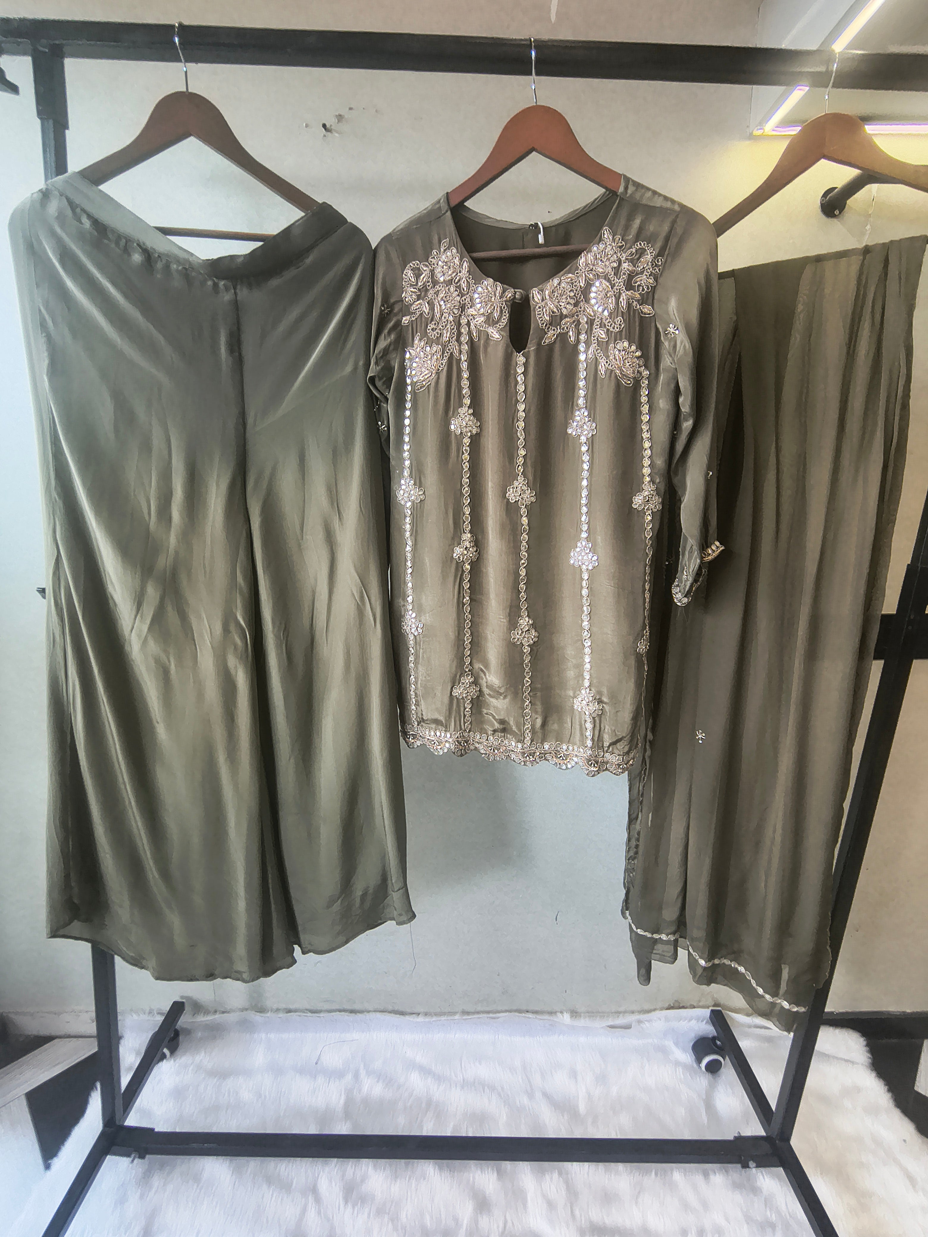 Image of Olive Green Pearl & Mirror Embroidered Kurta Set with Flared Palazzo & Organza Dupatta – Designer 3 Piece Festive Ensemble
