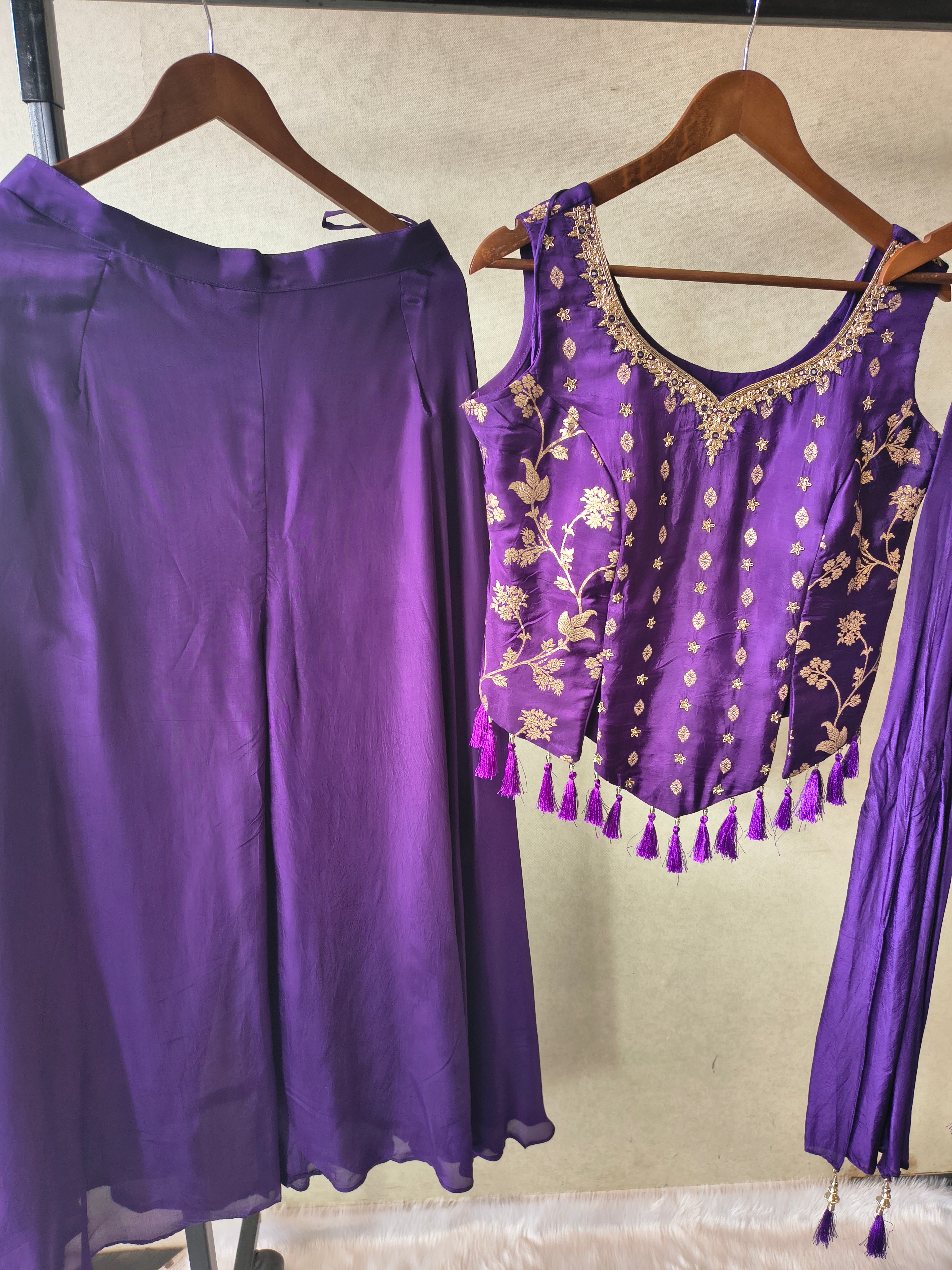 Image of Premium Royal Purple 3-Piece Designer Lehenga Set with Zari Embroidered Peplum Blouse & Dupatta