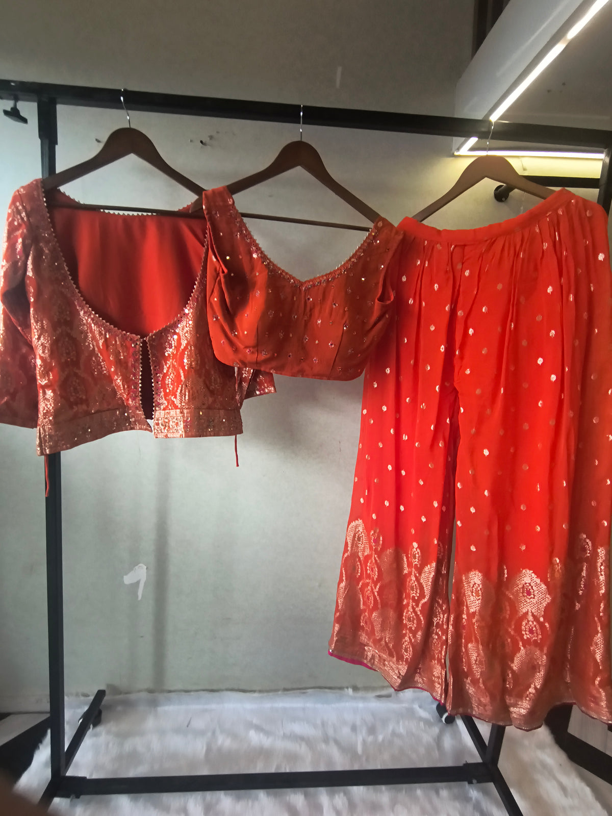 Rust Orange Banarasi Embroidered Lehenga Set with Handworked Blouse & Embellished Blouse – Designer 3 Piece Festive Ensemble