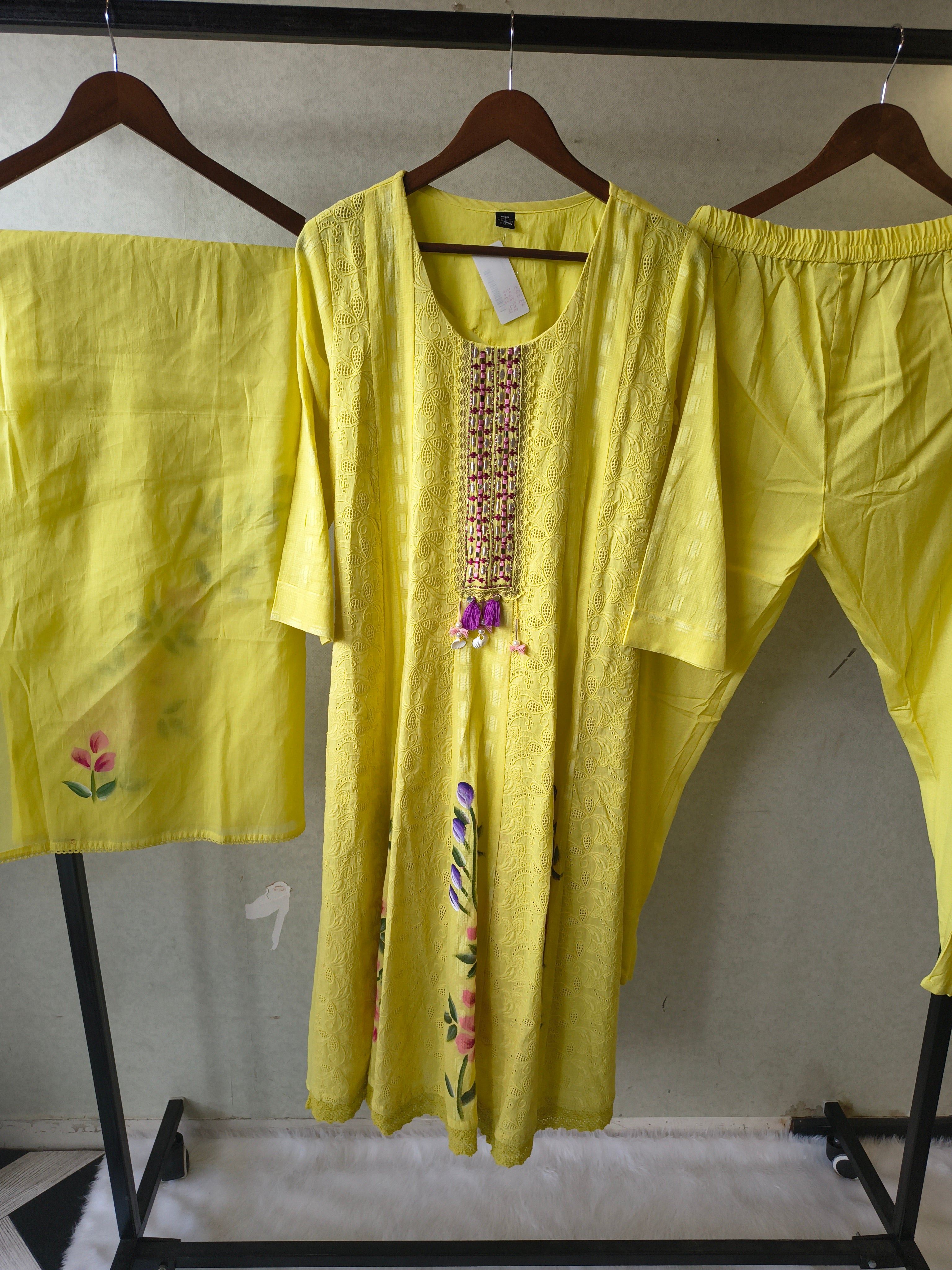 Image of Premium Sunshine Yellow Schiffli Embroidered Kurta Set with Floral Handwork & Dupatta