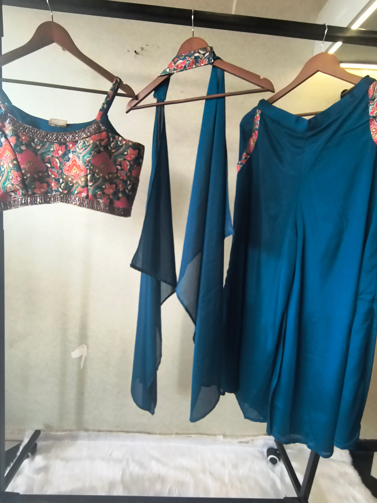 Teal Printed Designer Blouse with Drape Palazzo & Cape – 3 Piece Indo-Western Fusion Party Wear Set