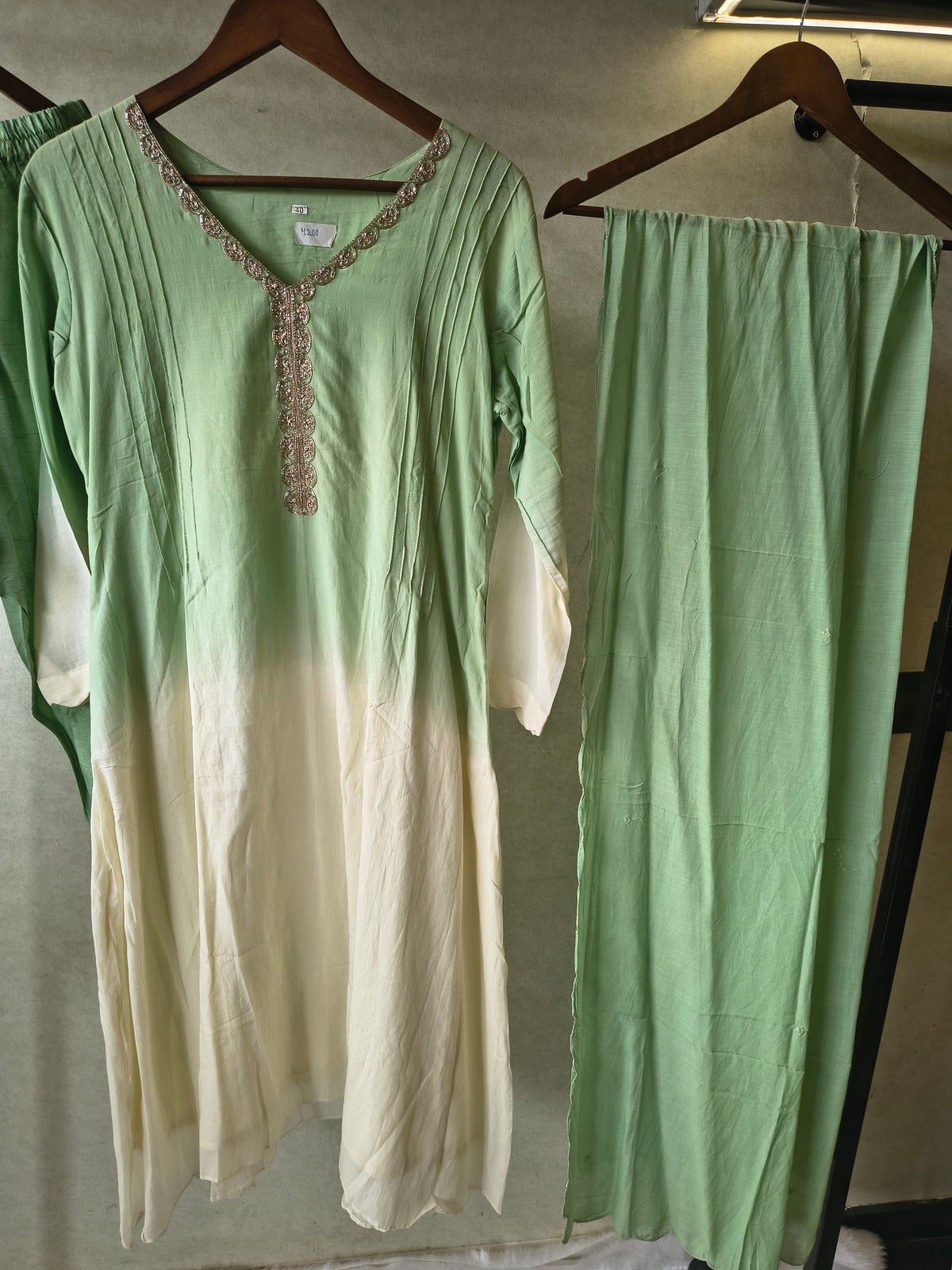 Mint Green Ombre Silk Blend Kurta Set with Embellished Neckline & Matching Dupatta – Premium 3 Piece Ethnic Ensemble