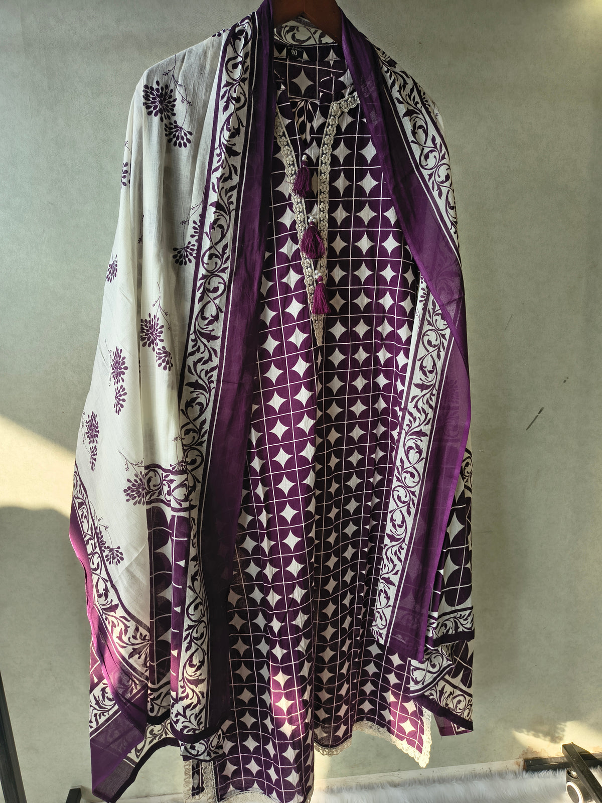Premium Plum Geometric Printed Cotton Kurta Set with Floral Printed Pants & Dupatta