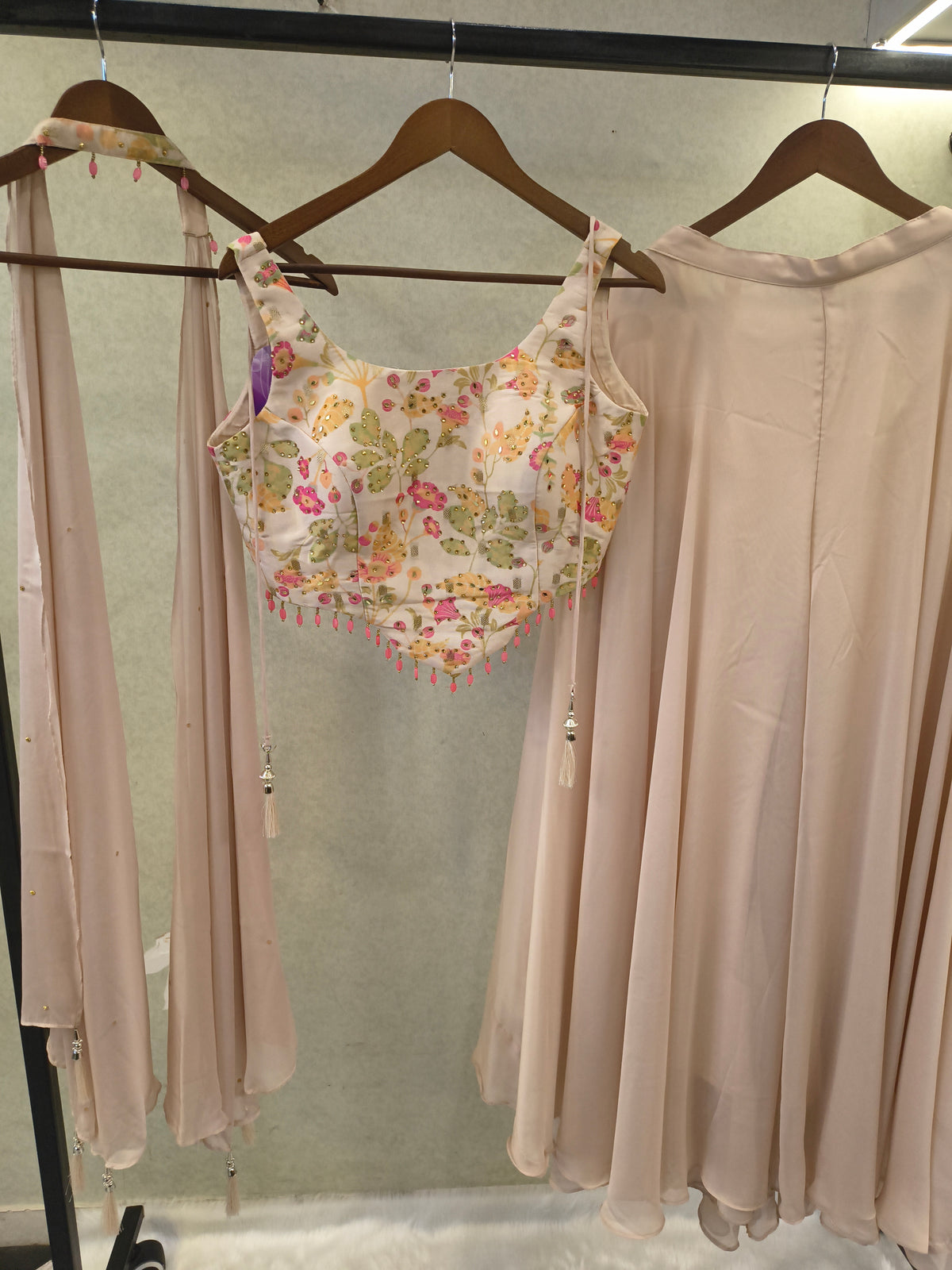 Blush Pink Floral Embroidered Blouse with Flared Palazzo & Choker Dupatta – 3 Piece Designer Indo-Western Set