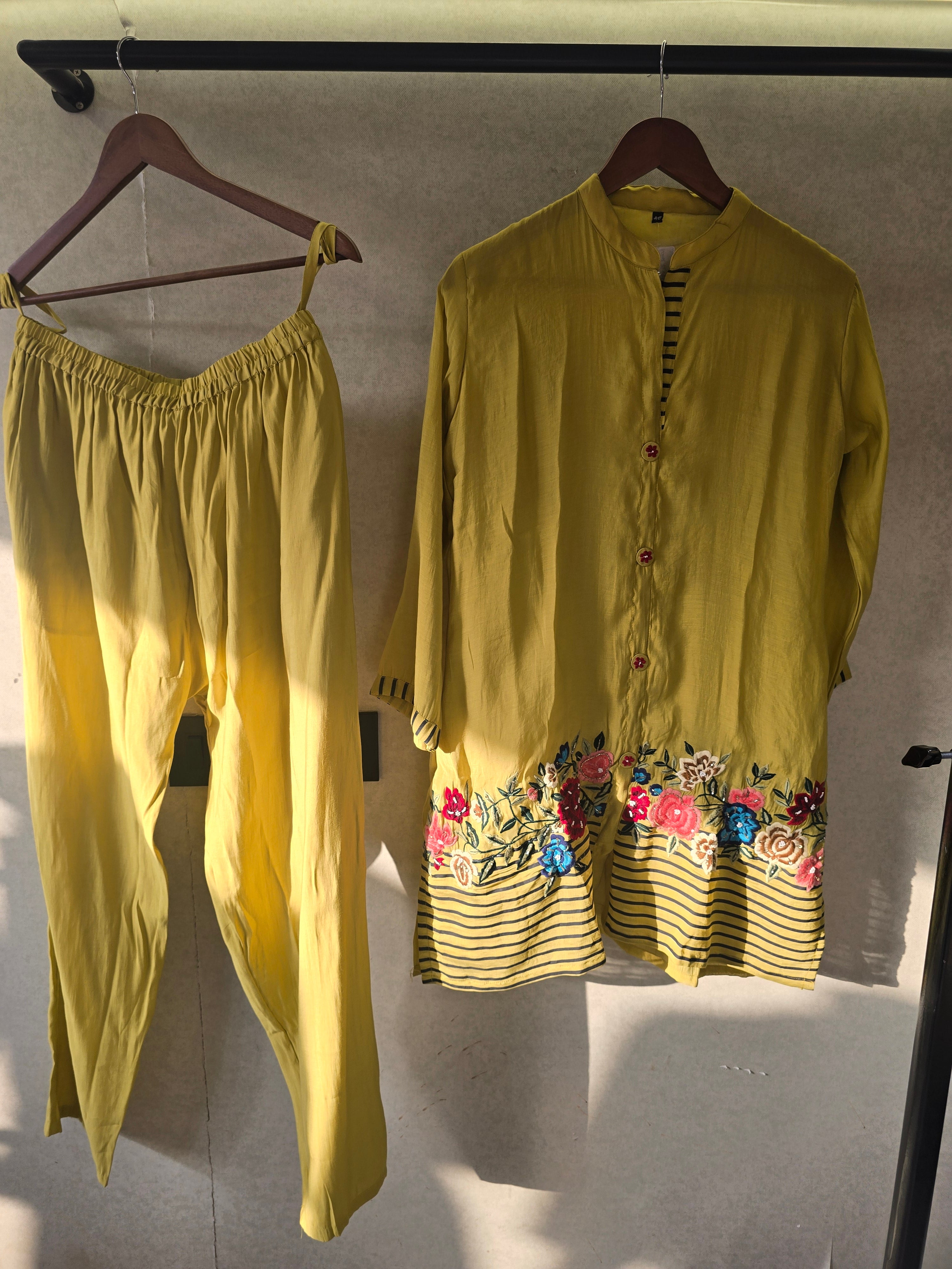 Image of Mustard Floral Embroidered Co-Ord Set