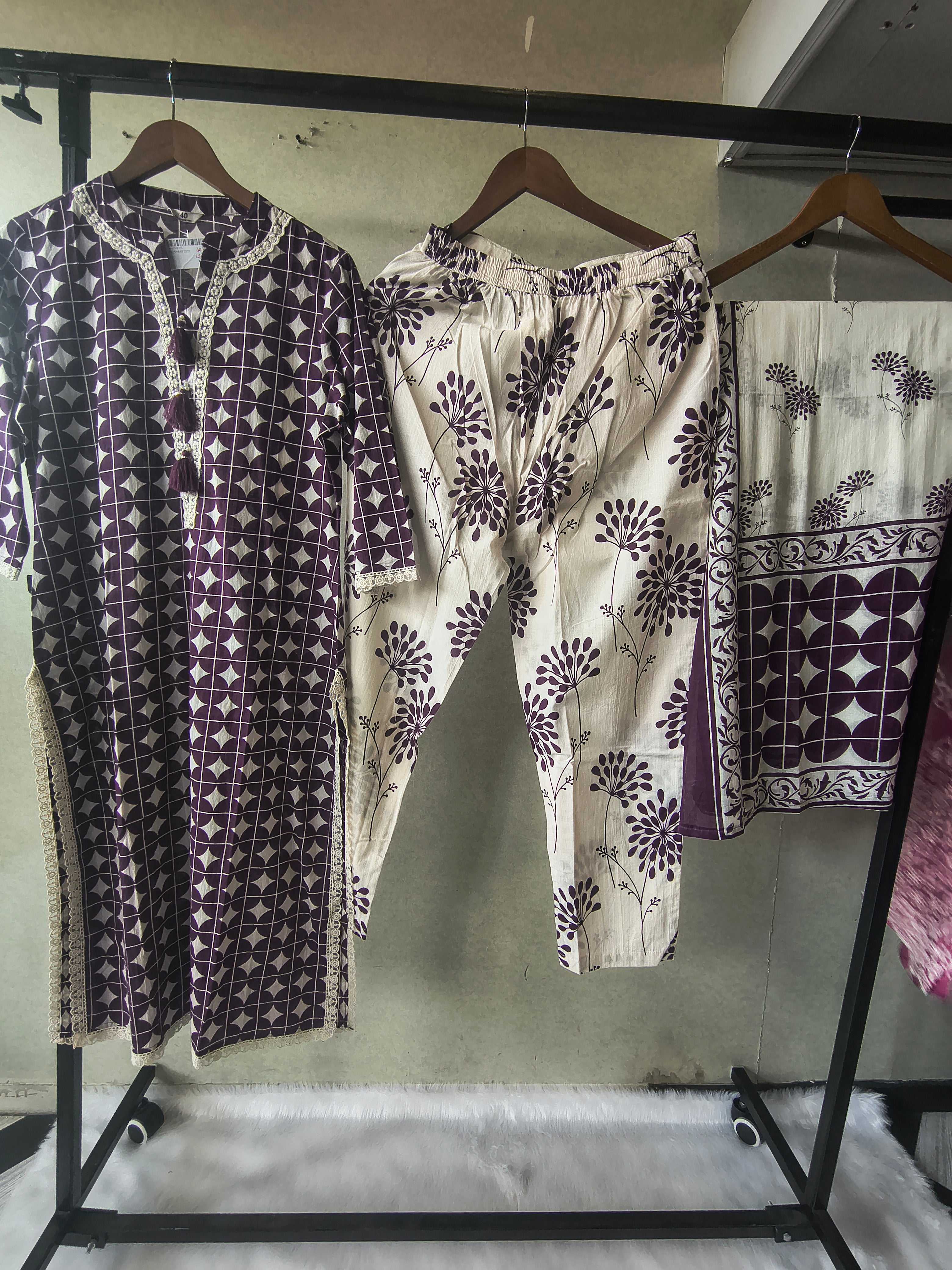 Image of Premium Plum Geometric Printed Cotton Kurta Set with Floral Printed Pants & Dupatta