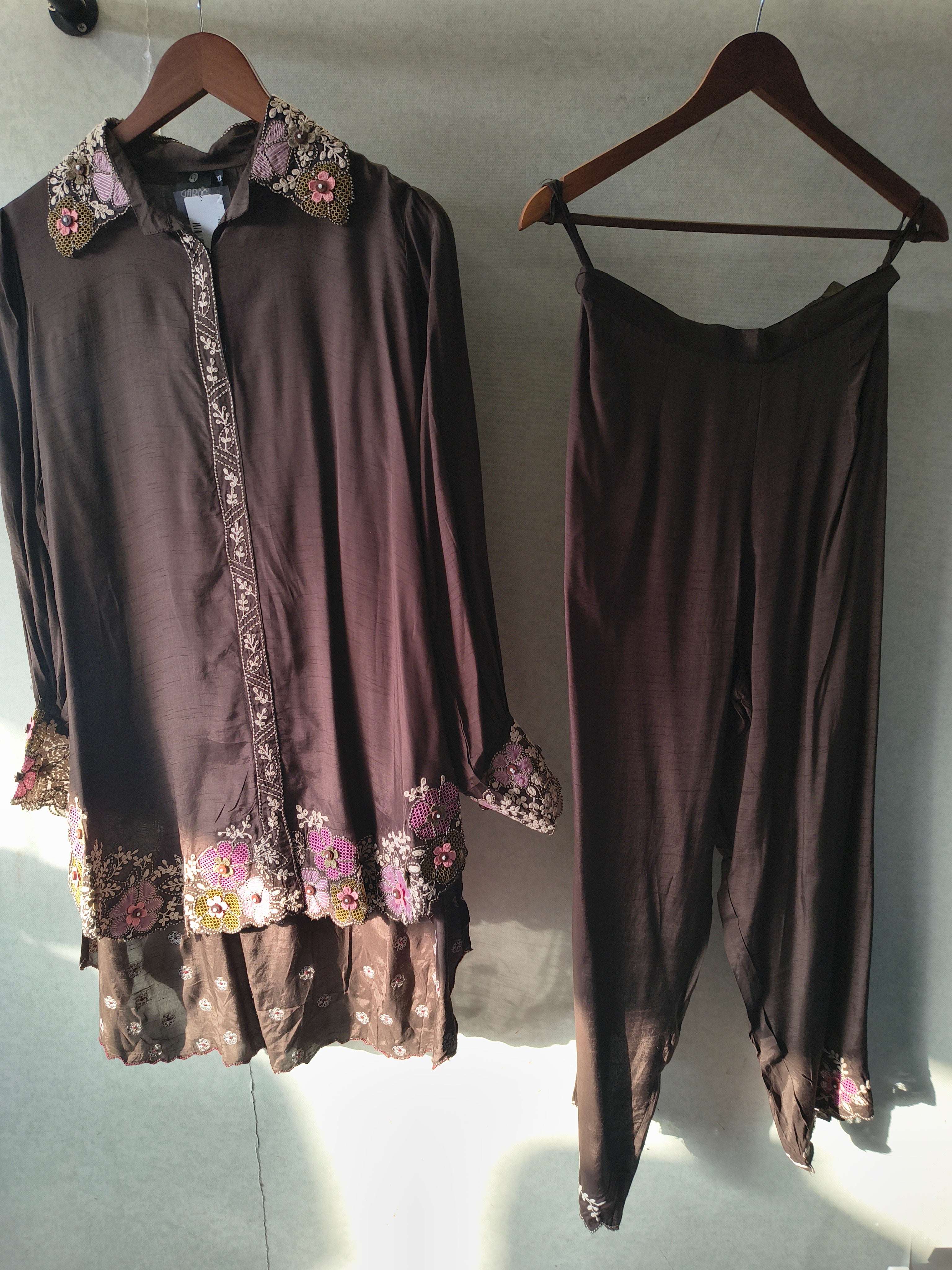 Image of Chocolate Brown Designer Embroidered Co-Ord Set with 3D Floral Appliqué & Organza Hem