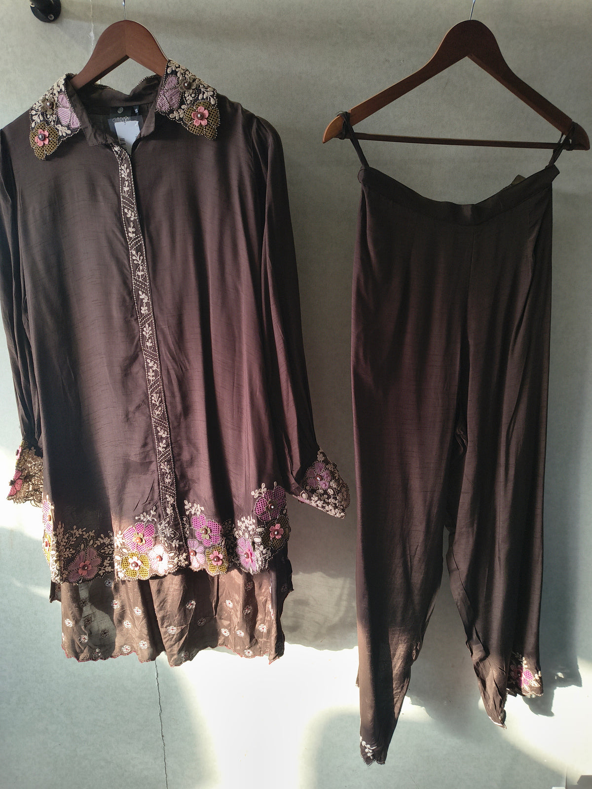 Chocolate Brown Designer Embroidered Co-Ord Set with 3D Floral Appliqué & Organza Hem