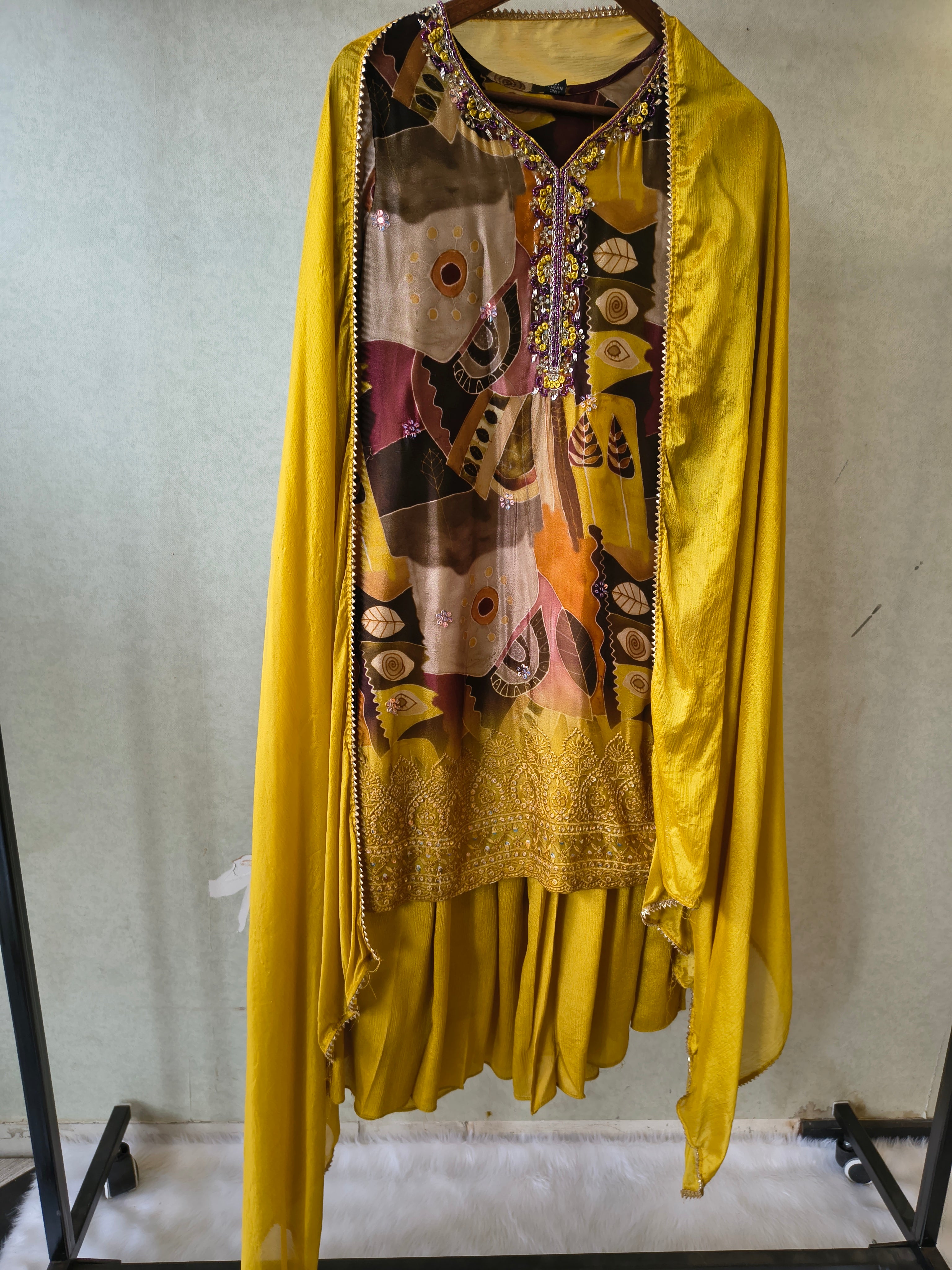 Image of Premium Mustard Abstract Printed Kurta with Sharara & Dupatta Set