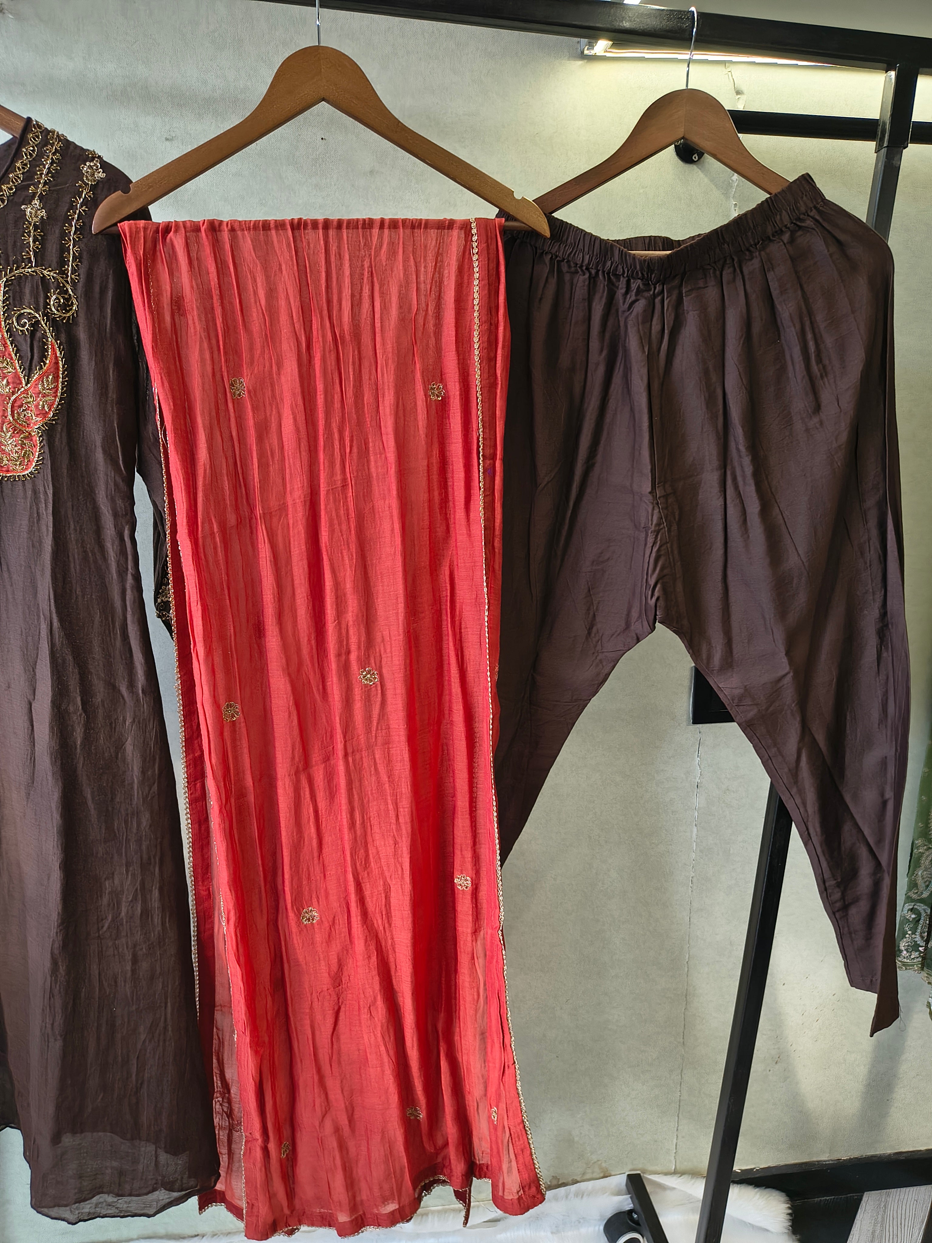 Image of Midnight Black Embroidered Straight Kurta Set with Statement Paisley Yoke, Contrast Crimson Dupatta & Premium 3 Piece Ethnic Ensemble