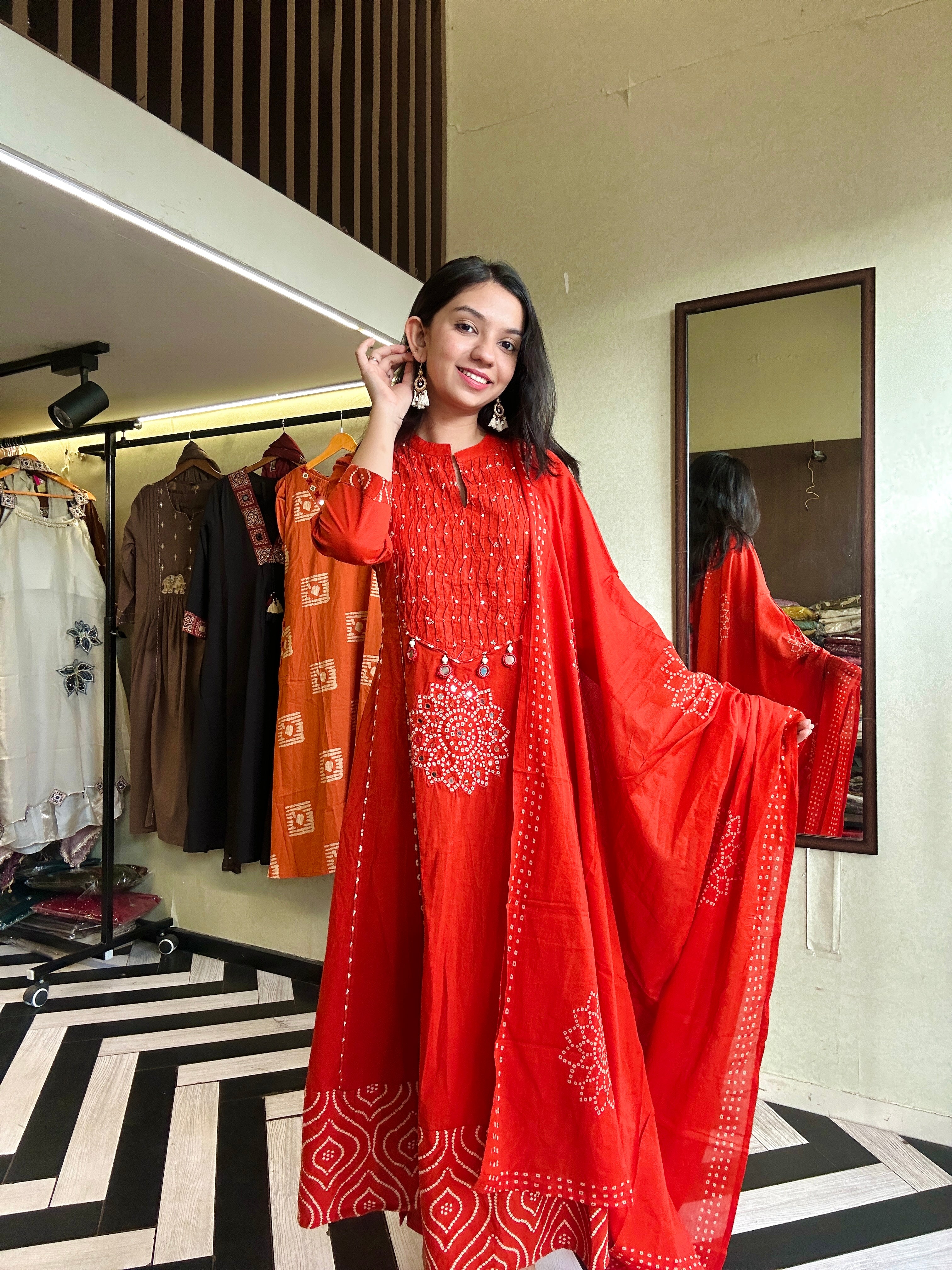 Image of Pure Mull Cotton Bandhani 3 Piece Anarkali Set