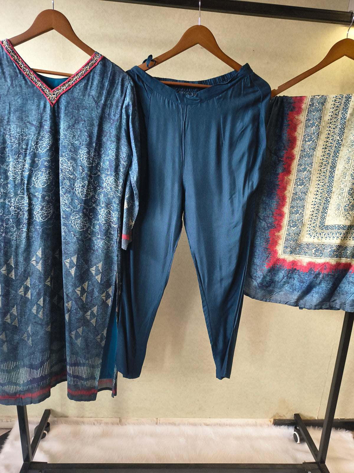 Premium Midnight Blue Printed Kurta with Straight Pants & Artistic Border Dupatta Set