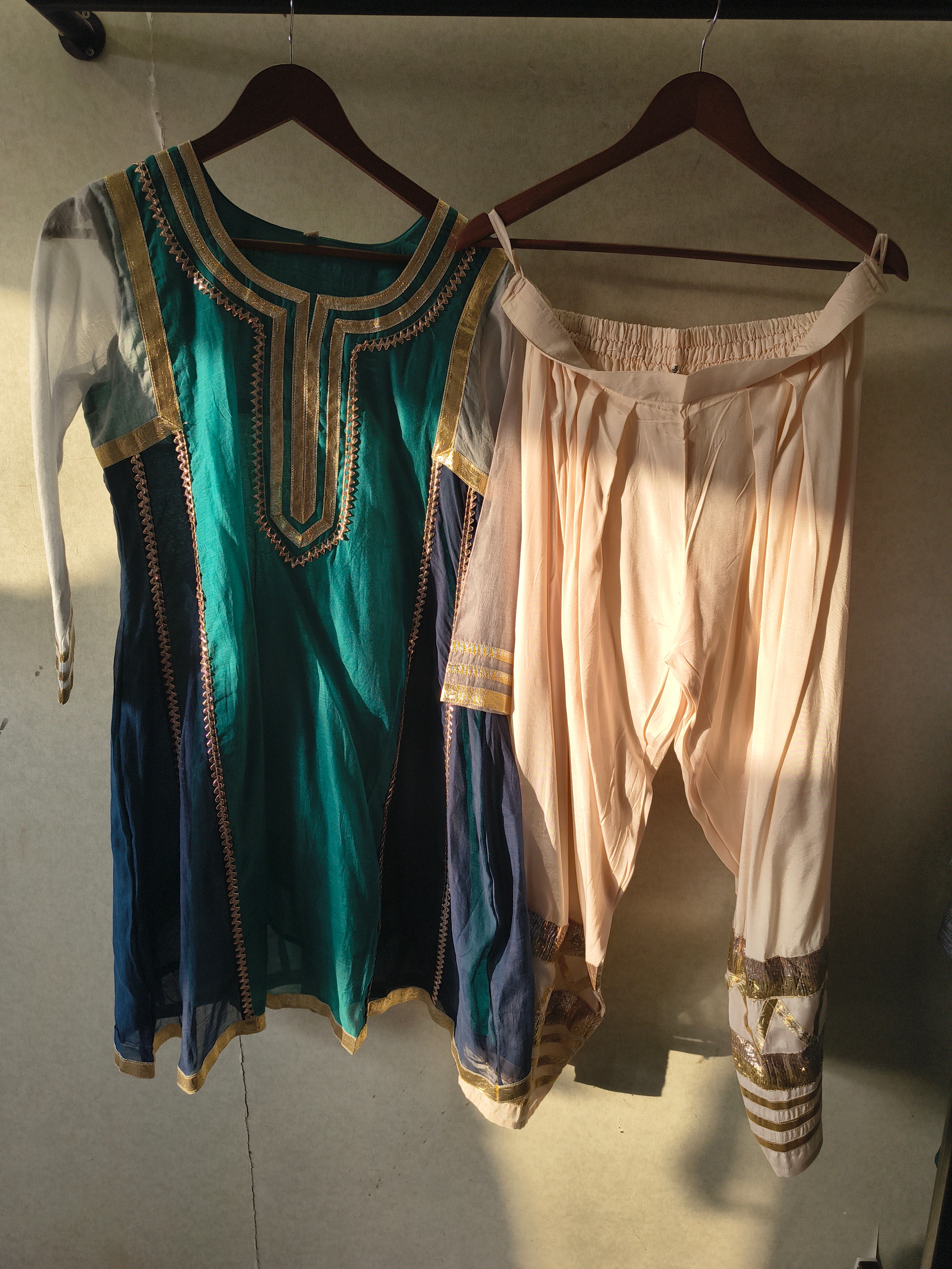 Image of Teal & Navy Colour Block Designer Kurta Set with Gota Patti Dhoti Pants