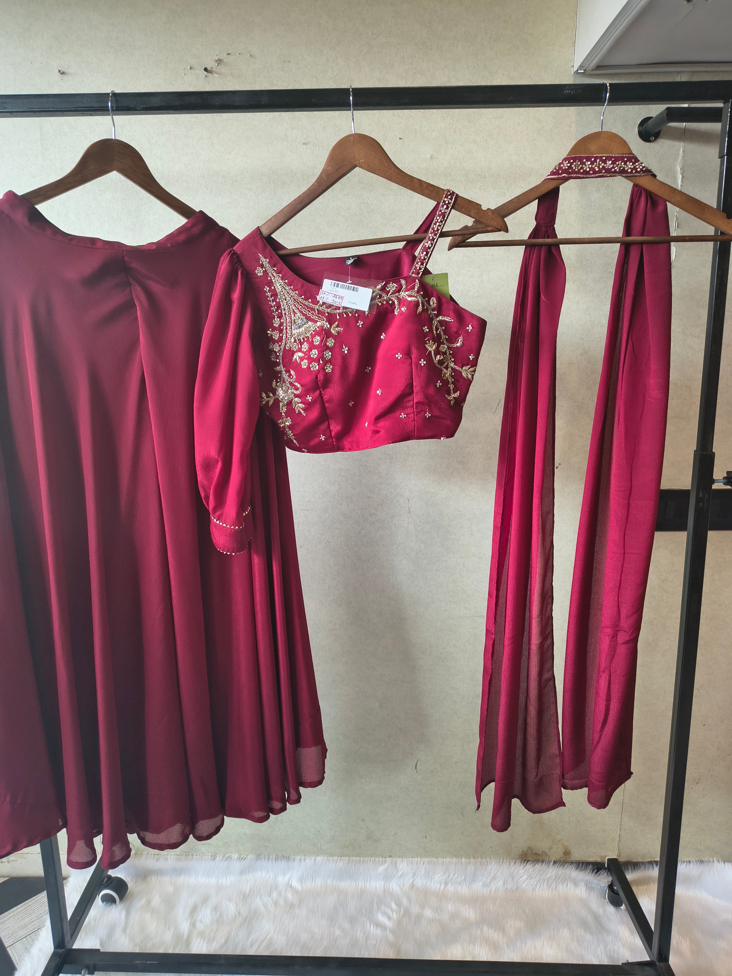 Image of Premium Wine Satin Silk 3-Piece Lehenga Set with Hand Embroidered One-Shoulder Blouse & Dupatta