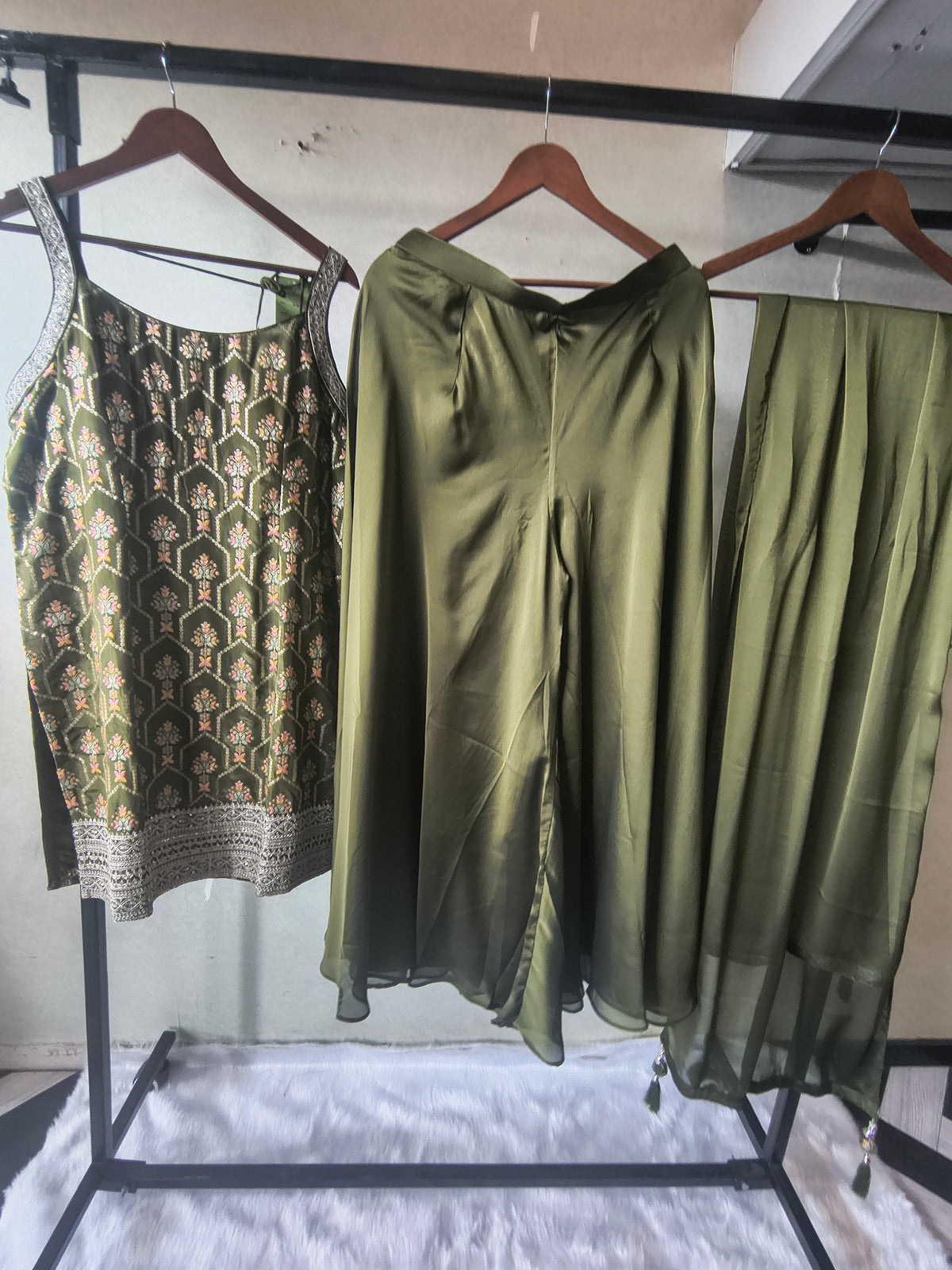 Olive Green Printed Sharara Set with Embroidered Border & Dupatta – Premium 3 Piece Festive Ensemble