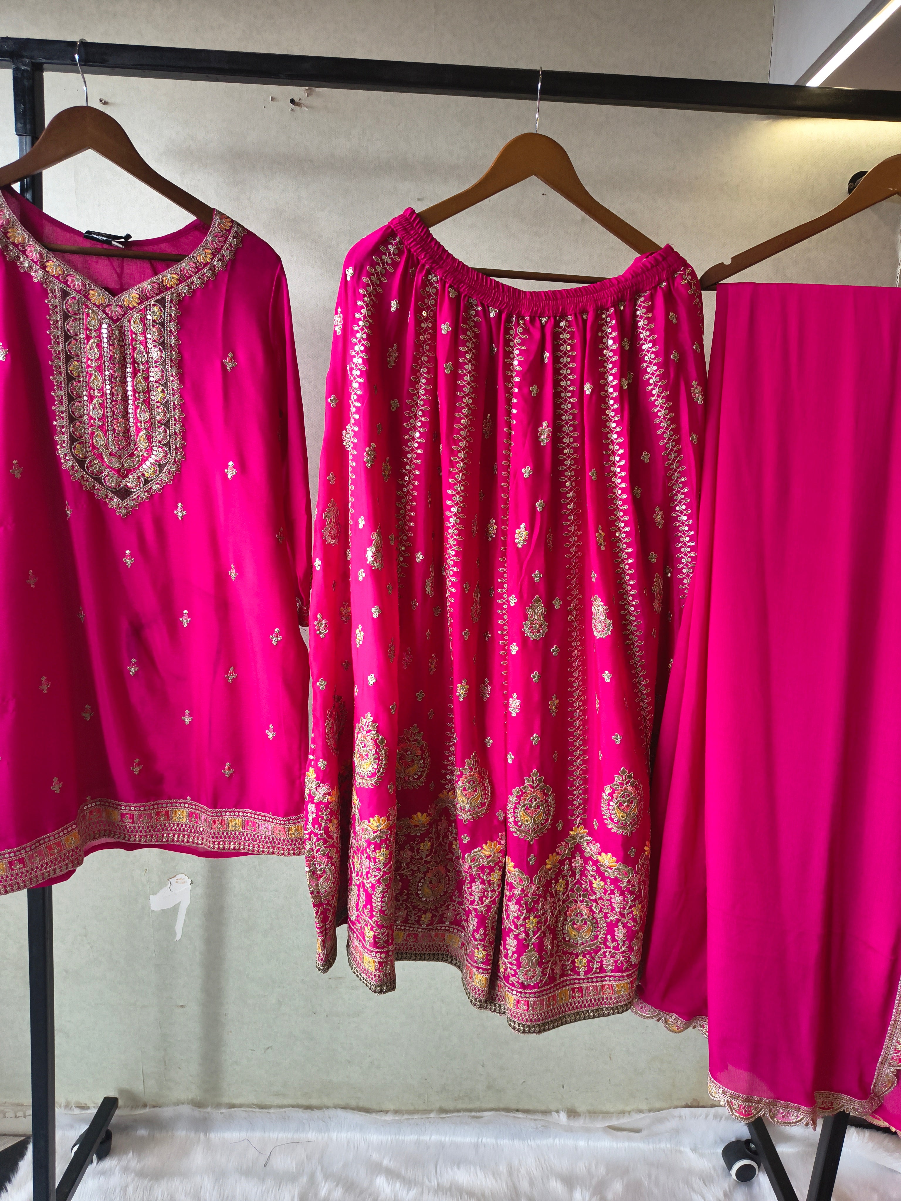 Image of Rani Pink Embroidered Kurta Sharara Set with Scalloped Dupatta – Premium 3 Piece Festive Ensemble
