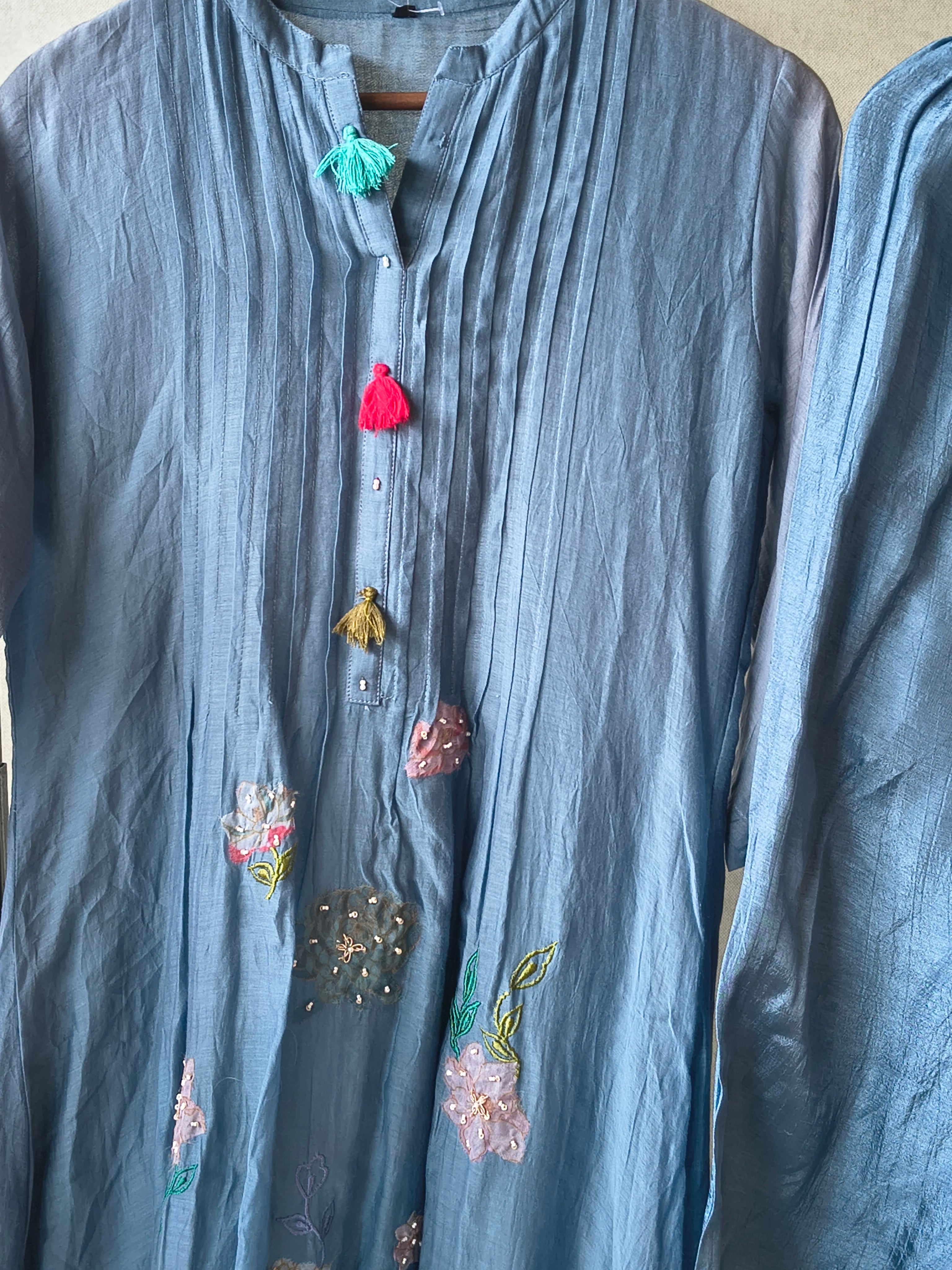 Image of Premium Steel Blue Embroidered Straight Kurta with Dhoti Pants & Embroidered Organza Dupatta Set