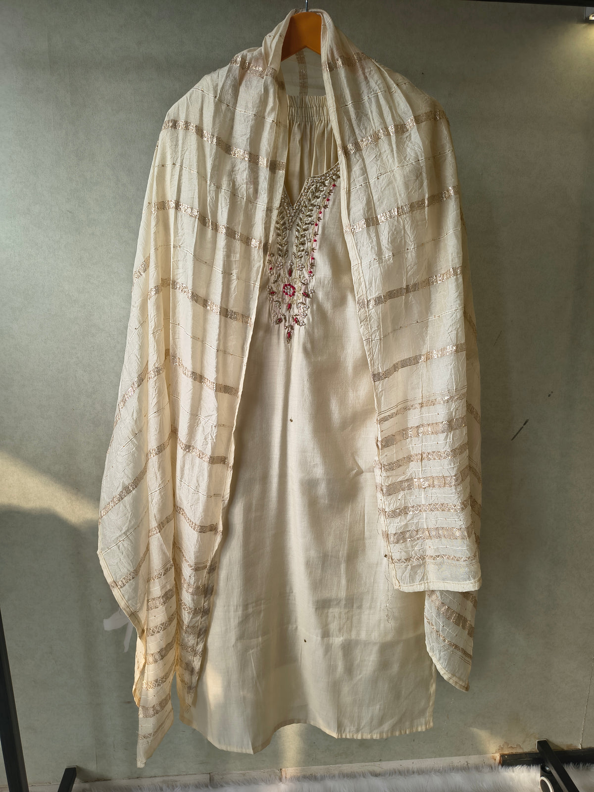 Premium Ivory Hand-Embroidered Straight Kurta with Cotton Pants & Woven Dupatta Set