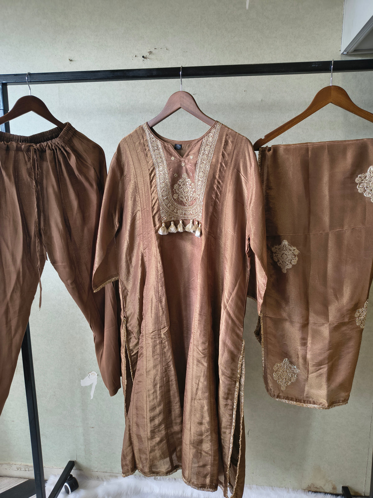 Premium Copper Brown Embroidered A-Line Kurta Set with Dupatta
