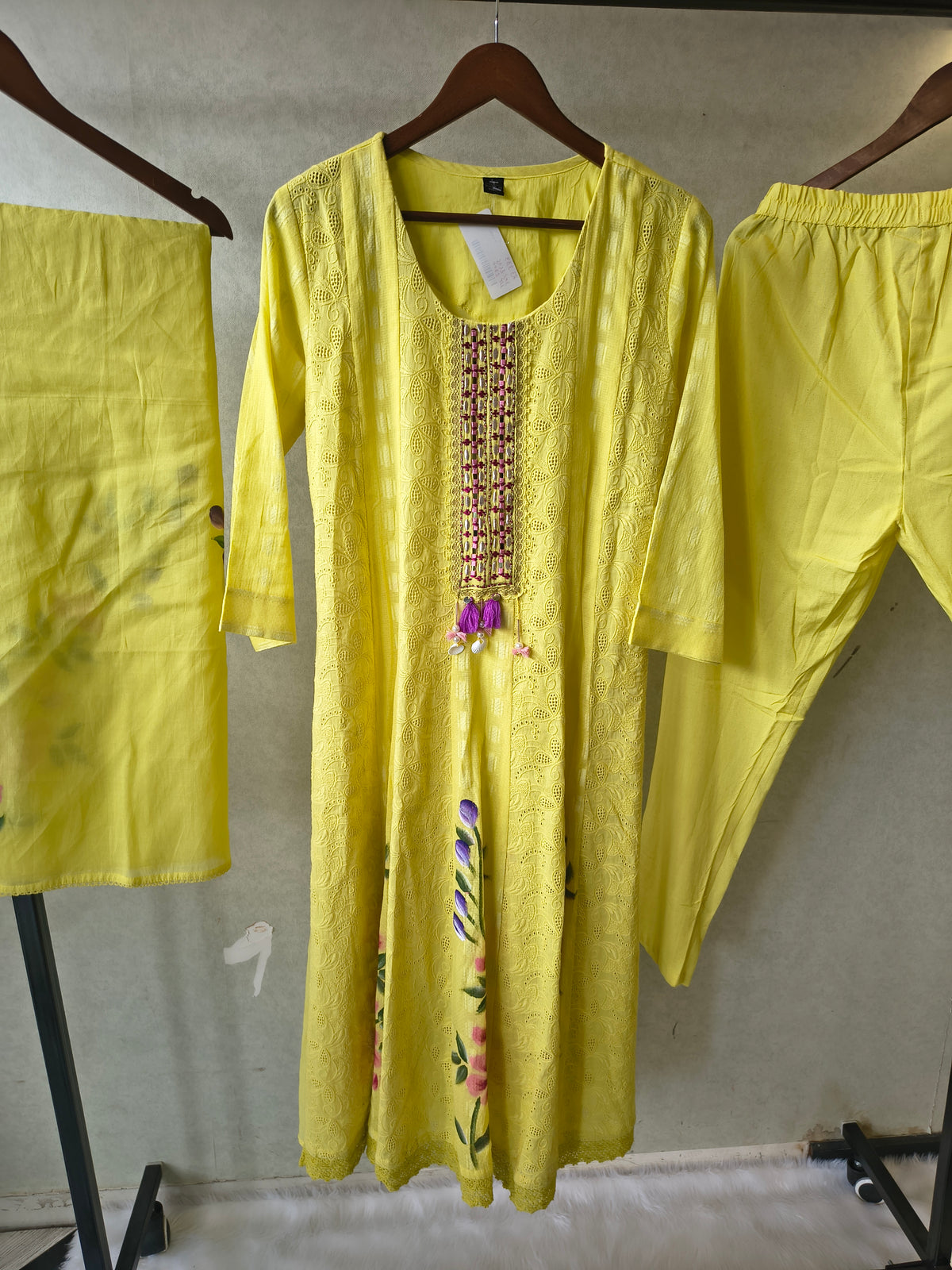 Premium Sunshine Yellow Schiffli Embroidered Kurta Set with Floral Handwork & Dupatta
