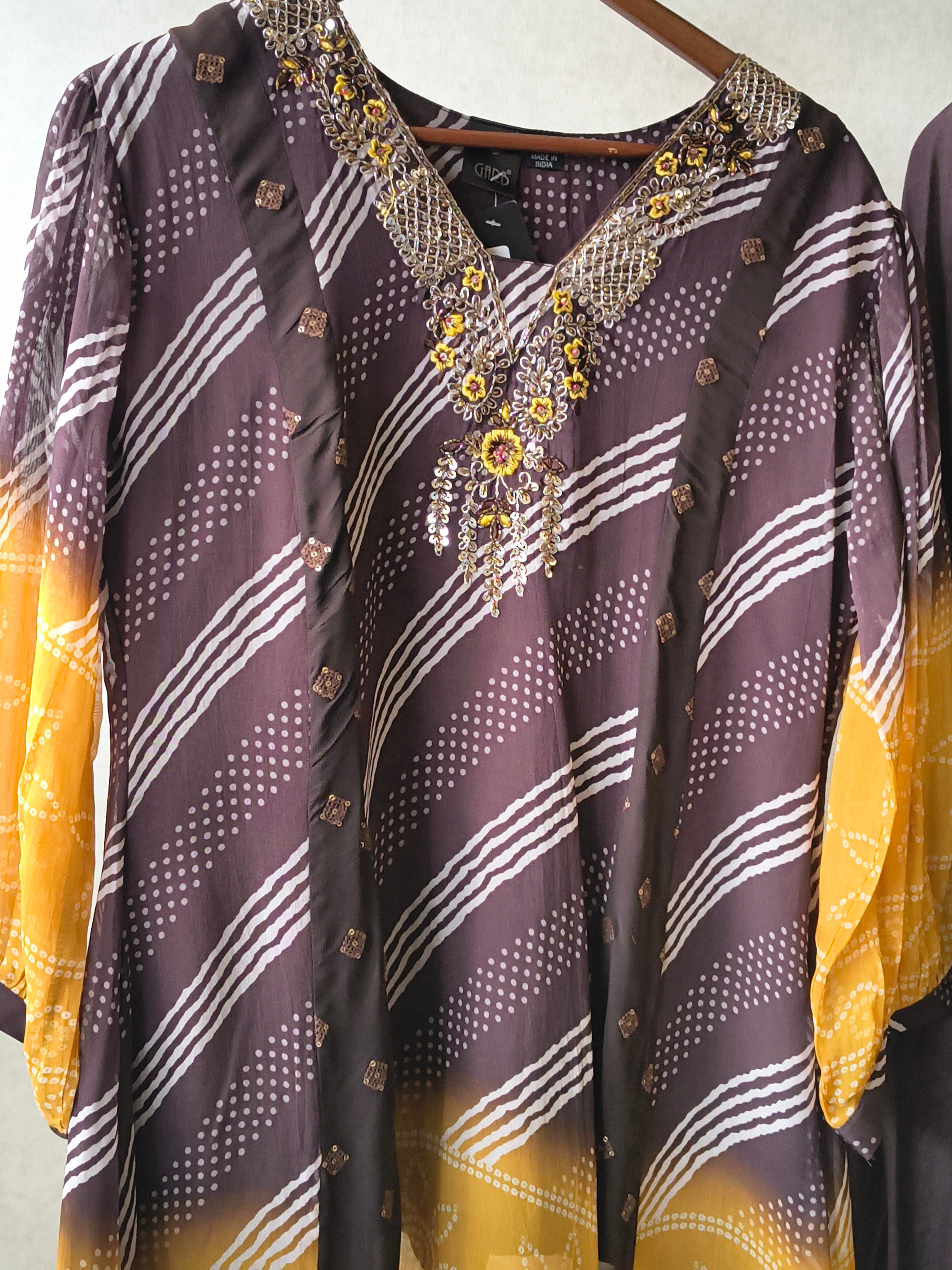 Image of Premium Charcoal & Mustard Bandhani Print Kaftan Kurta with Dhoti Pants Set