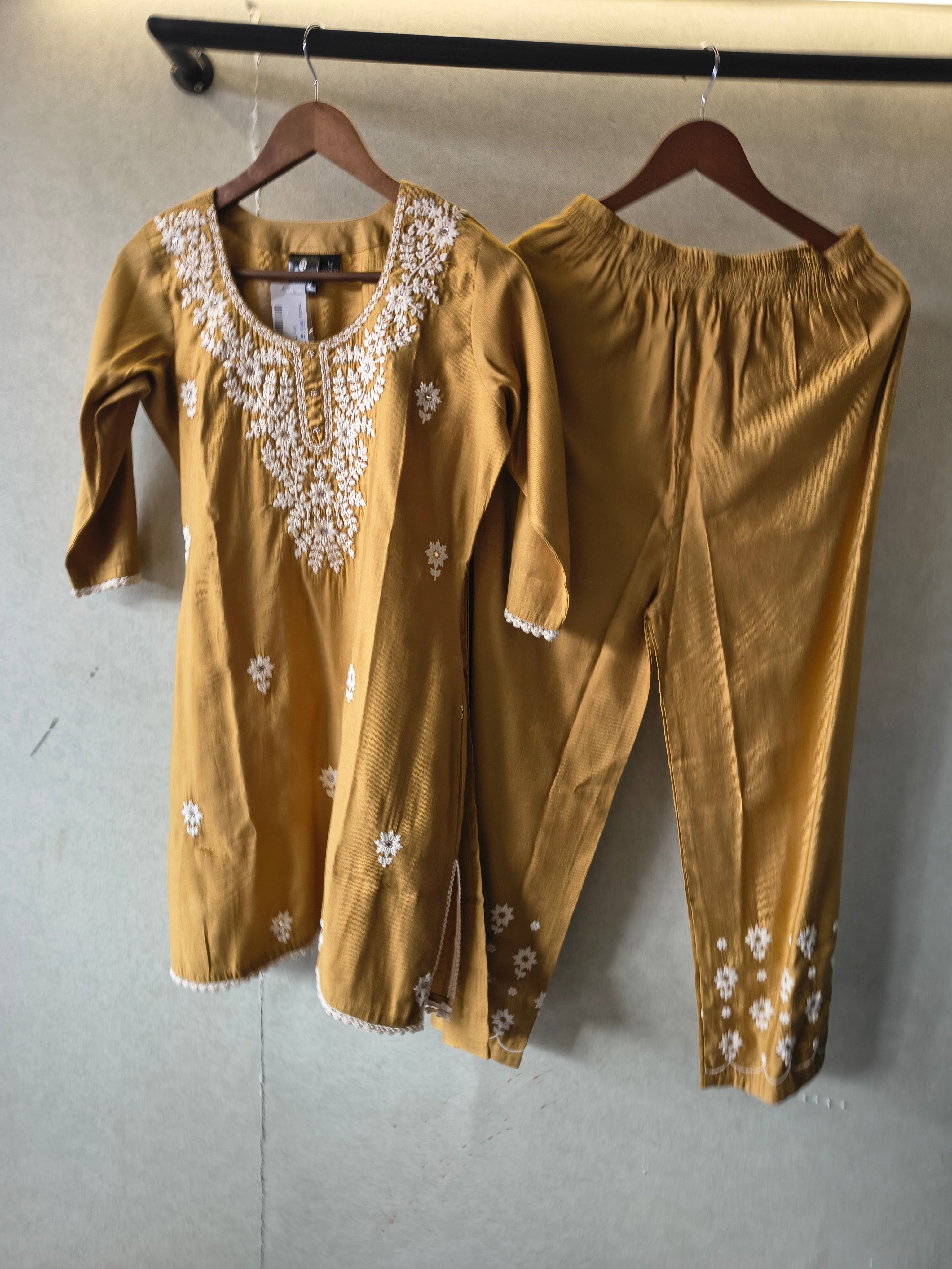 Image of Mustard Yellow White Embroidered Premium Kurta Pant Co-Ord Set
