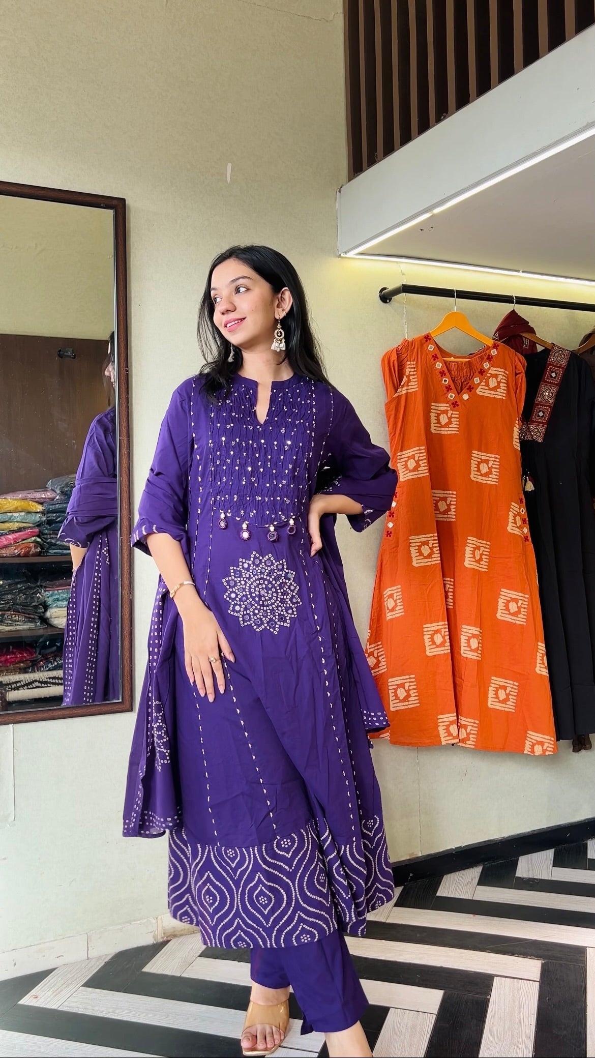 Pure Mull Cotton Bandhani 3 Piece Anarkali Set
