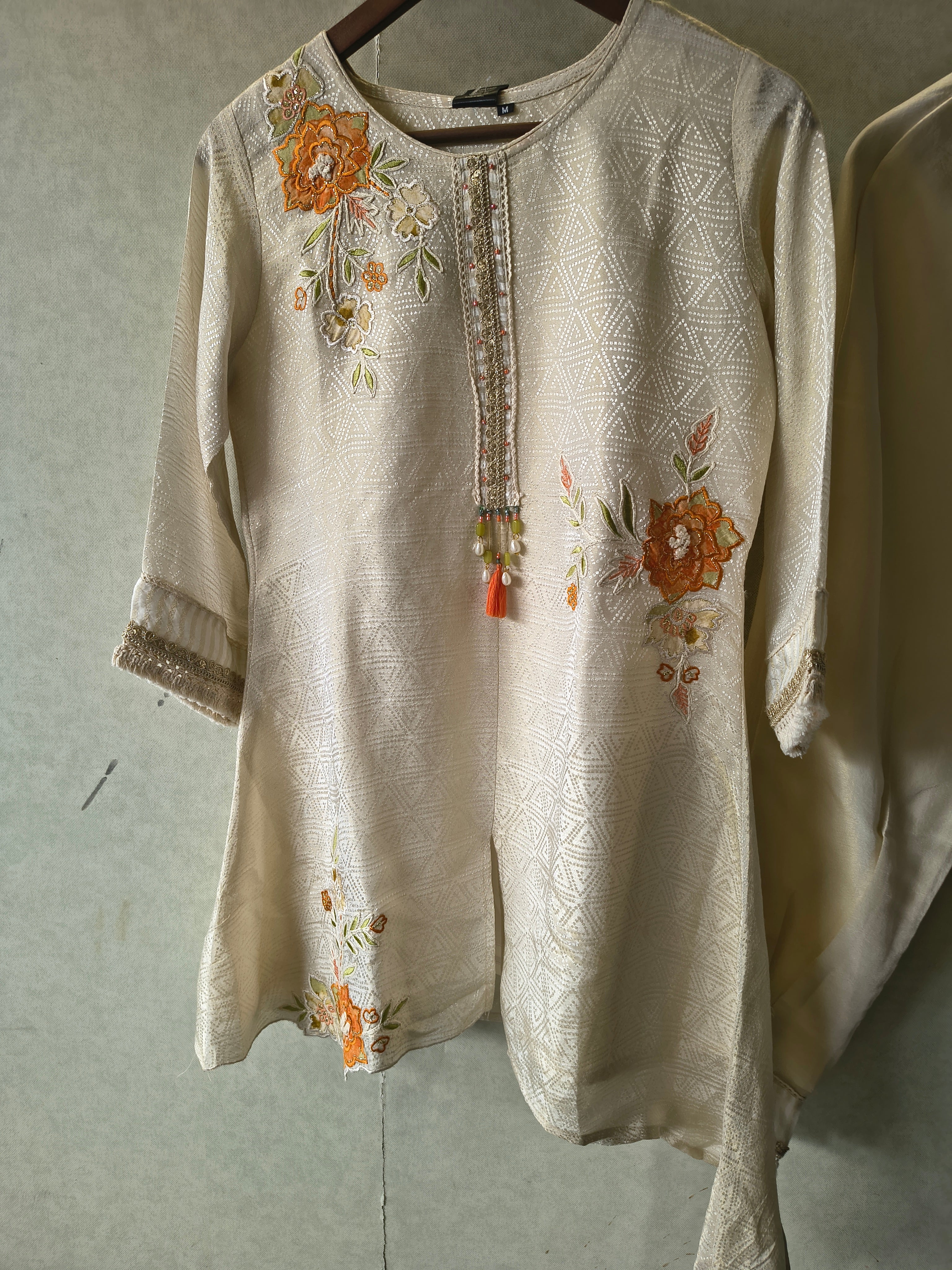 Image of Ivory Floral Embroidered Premium Asymmetrical Kurta Pant Co-Ord Set