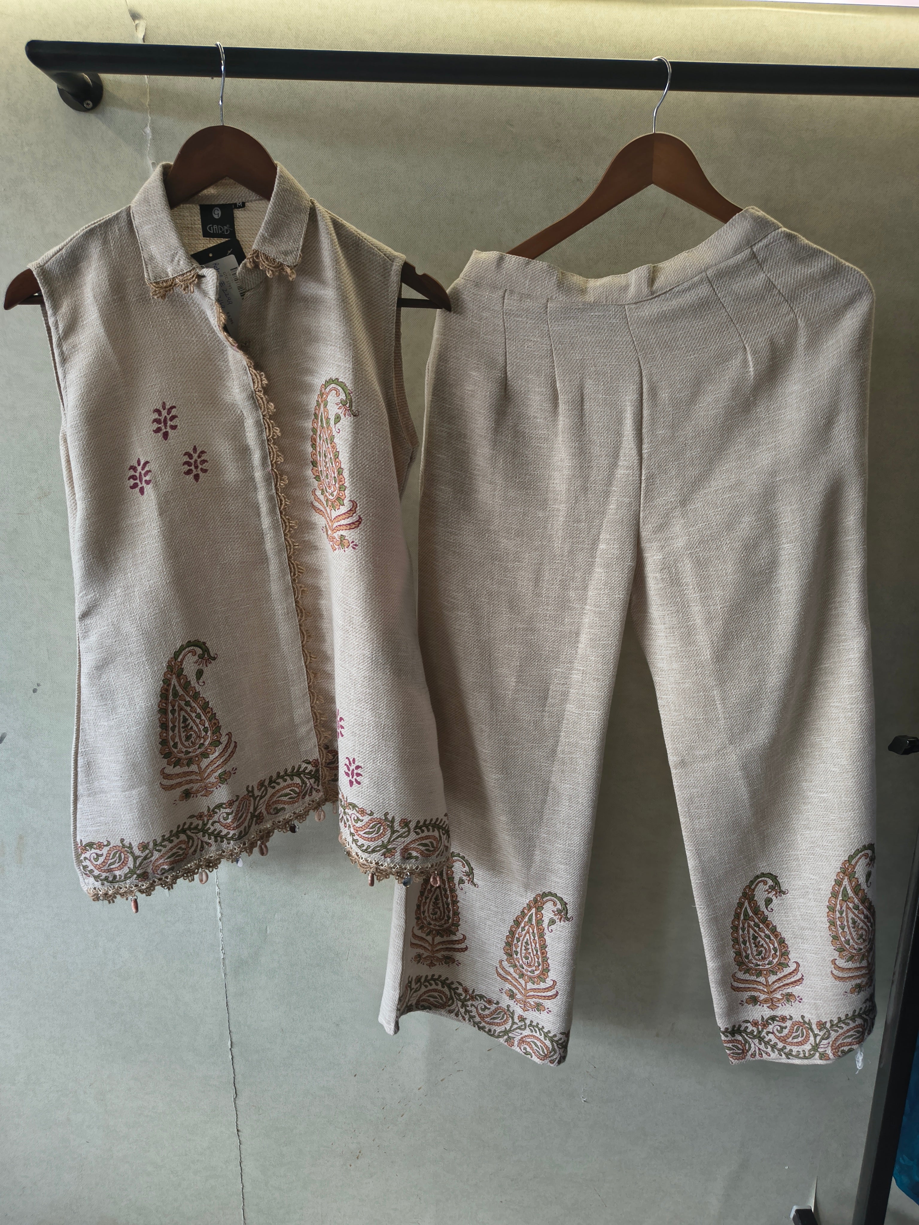 Image of Natural Beige Paisley Printed Sleeveless Designer Co-Ord Set