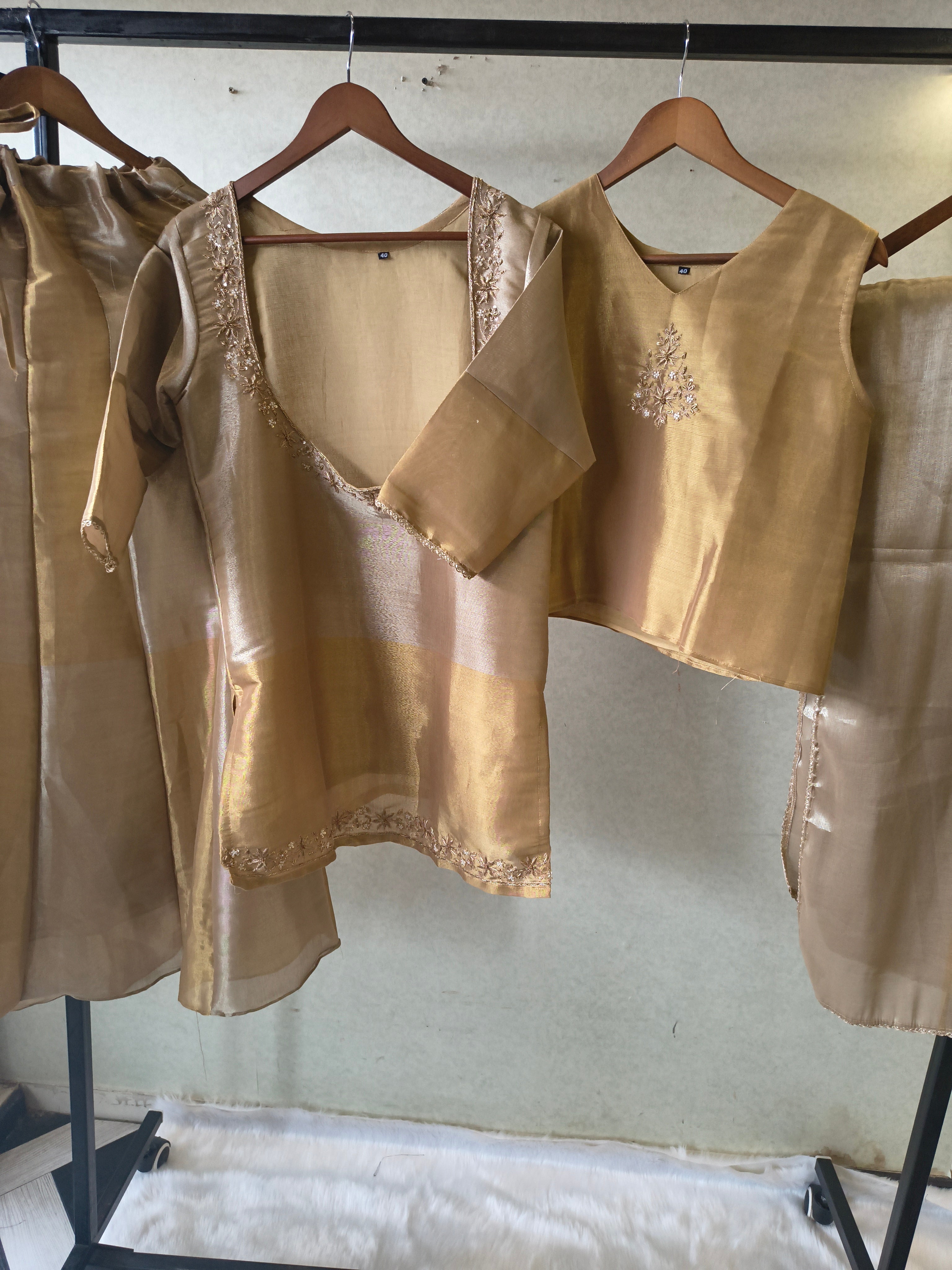 Image of Champagne Gold Tissue Silk Embroidered Layered Kurta with Inner, Palazzo & Woven Dupatta – 4 Piece Designer Festive Set