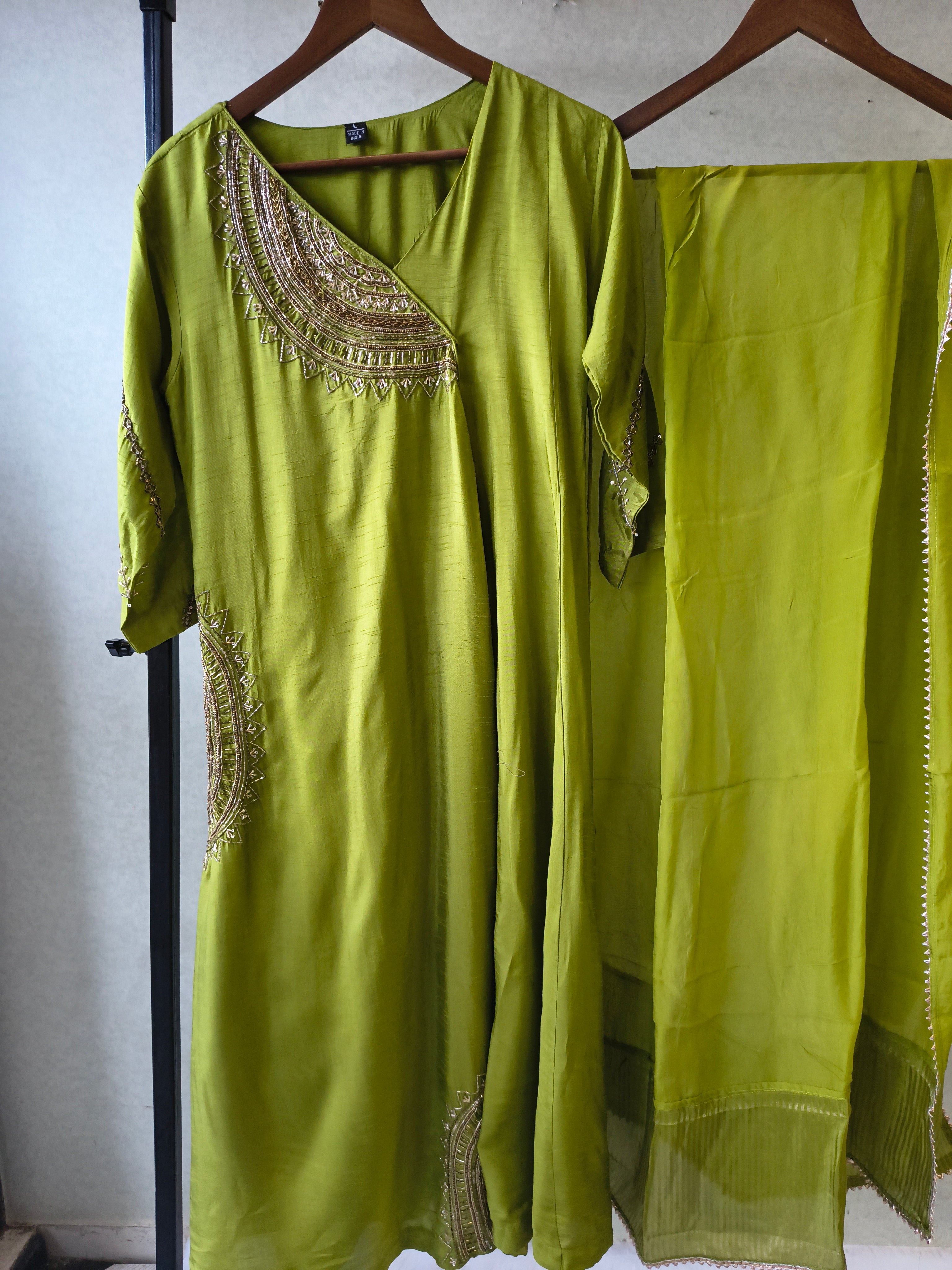 Image of Lime Green Hand-Embroidered Designer Kurta Set with Organza Dupatta | Premium 3 Piece Ethnic Suit