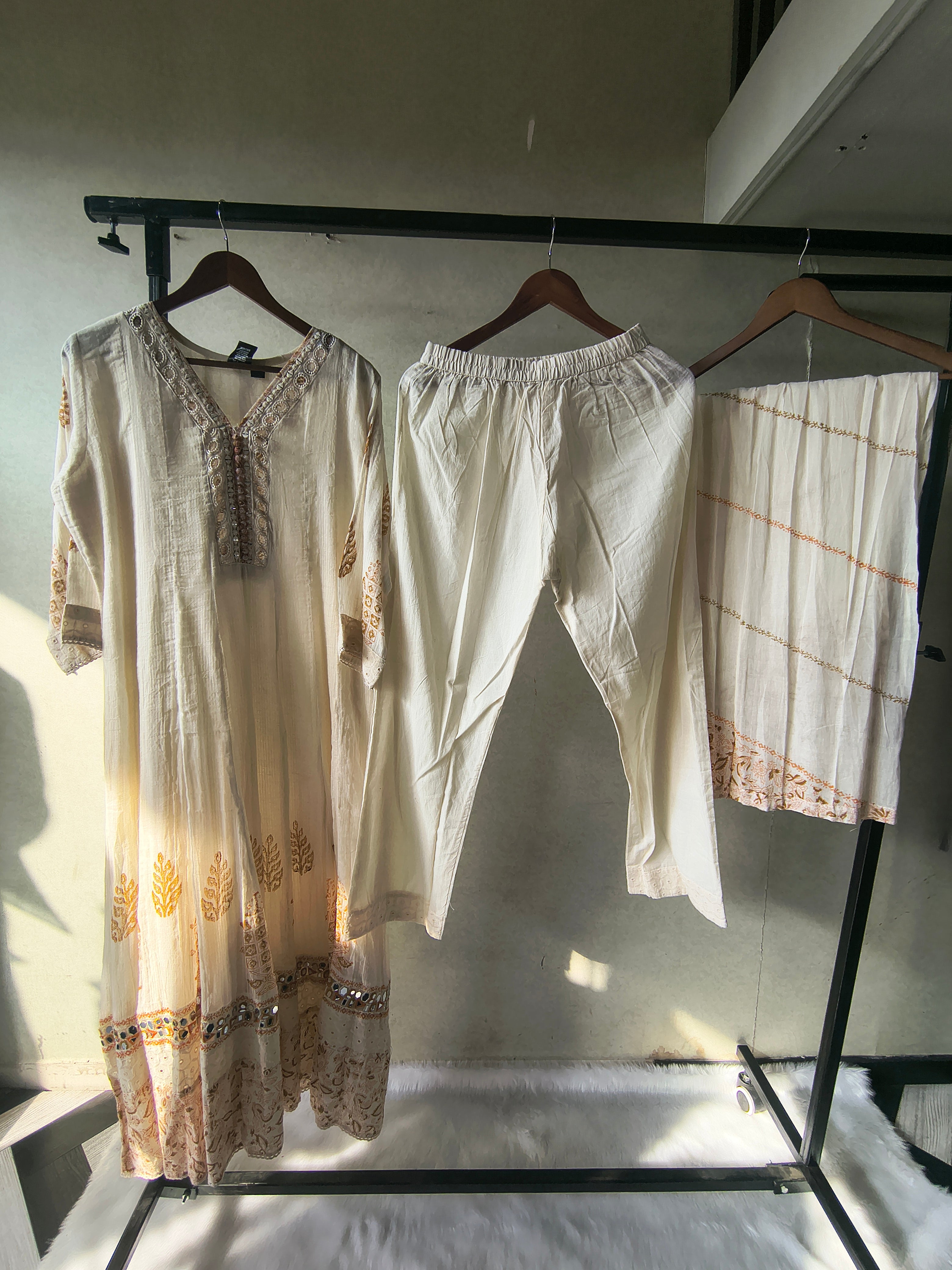 Image of Premium Ivory Embroidered Anarkali Kurta Set with Mirror Work & Cotton Dupatta