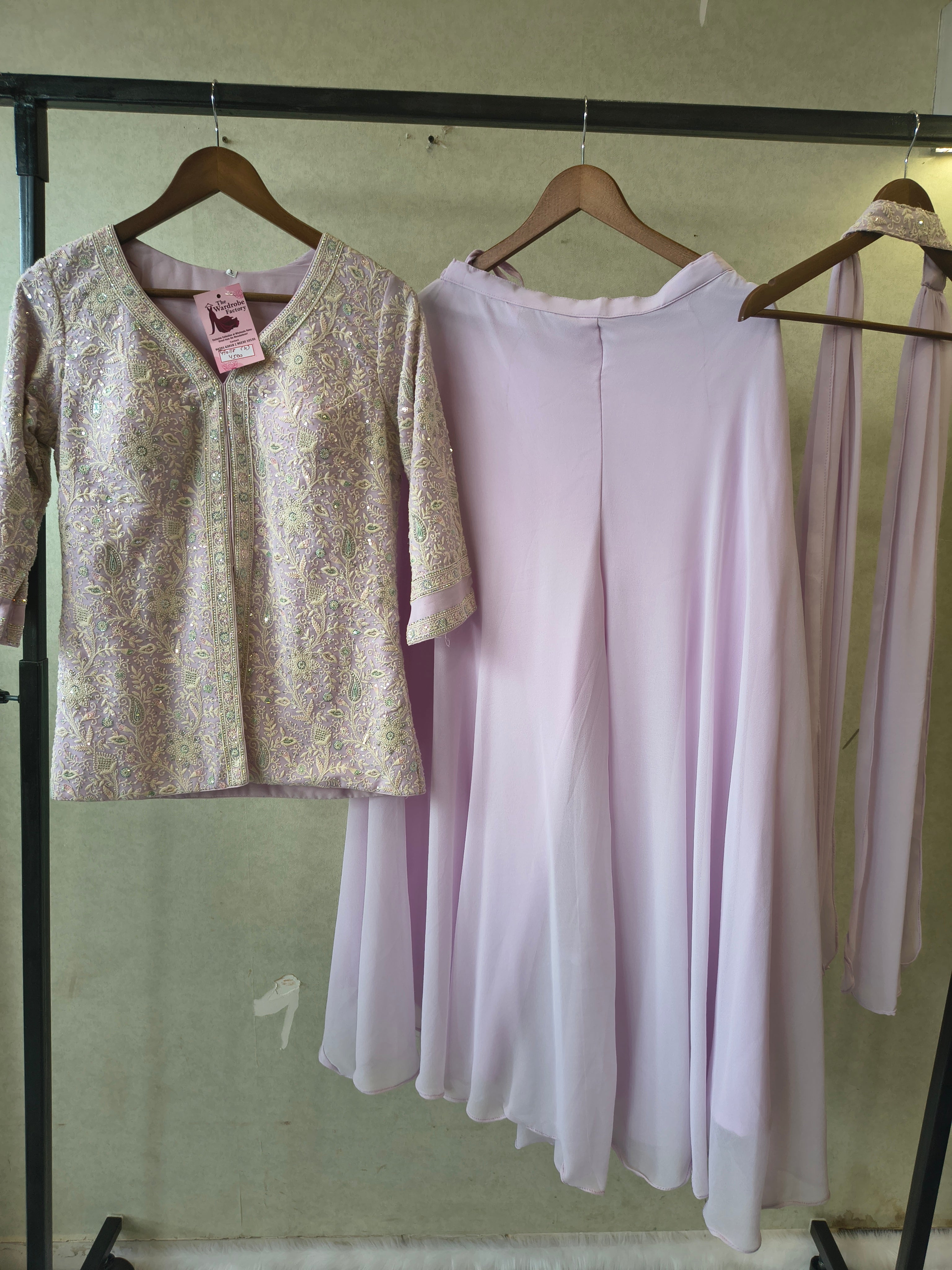 Image of Pastel Lilac Designer Embroidered Peplum Sharara Set with Chiffon Dupatta | Premium 3 Piece Festive Ensemble