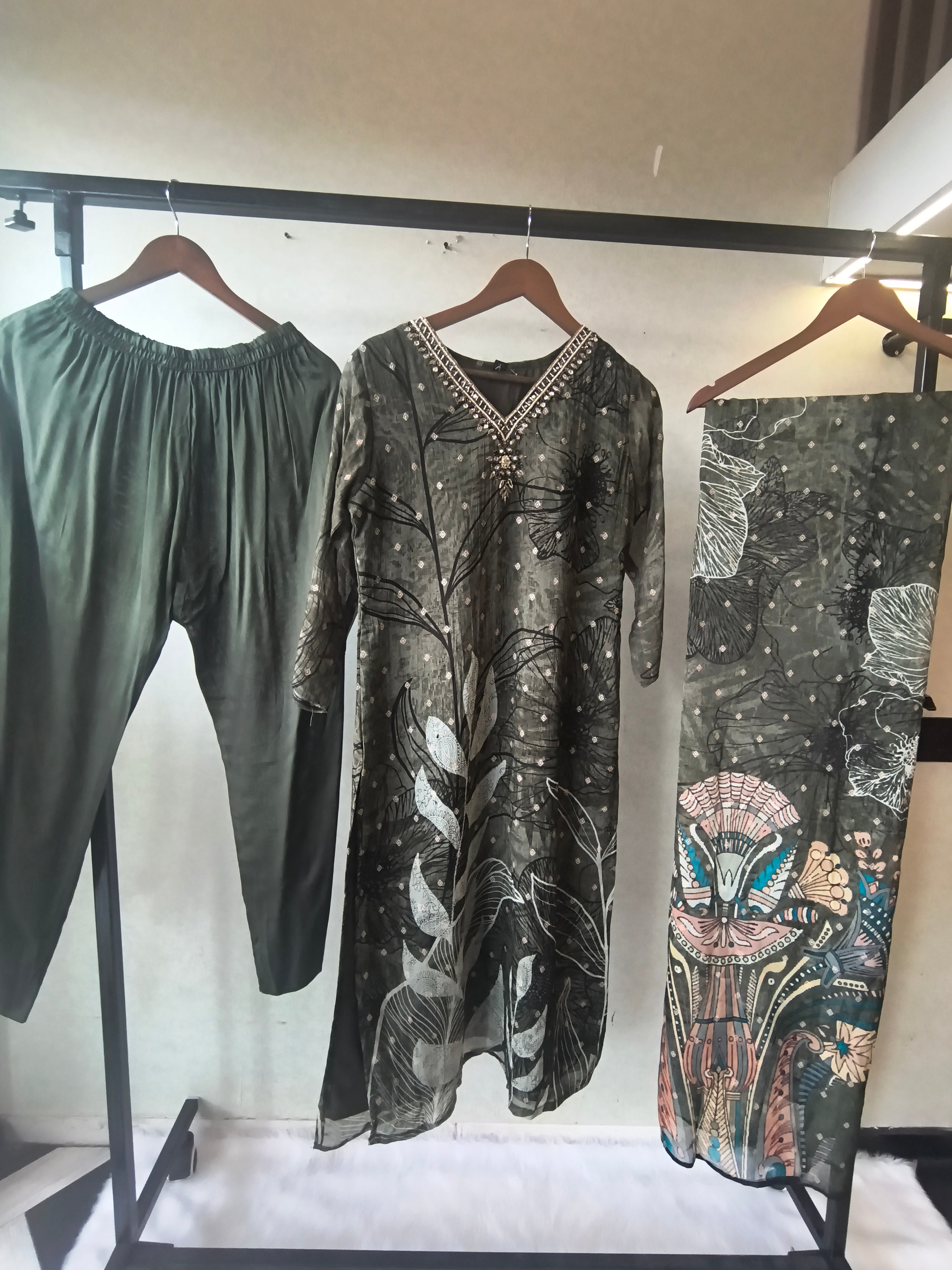 Image of Premium Olive Botanical Print Straight Kurta with Cigarette Pants & Dupatta Set