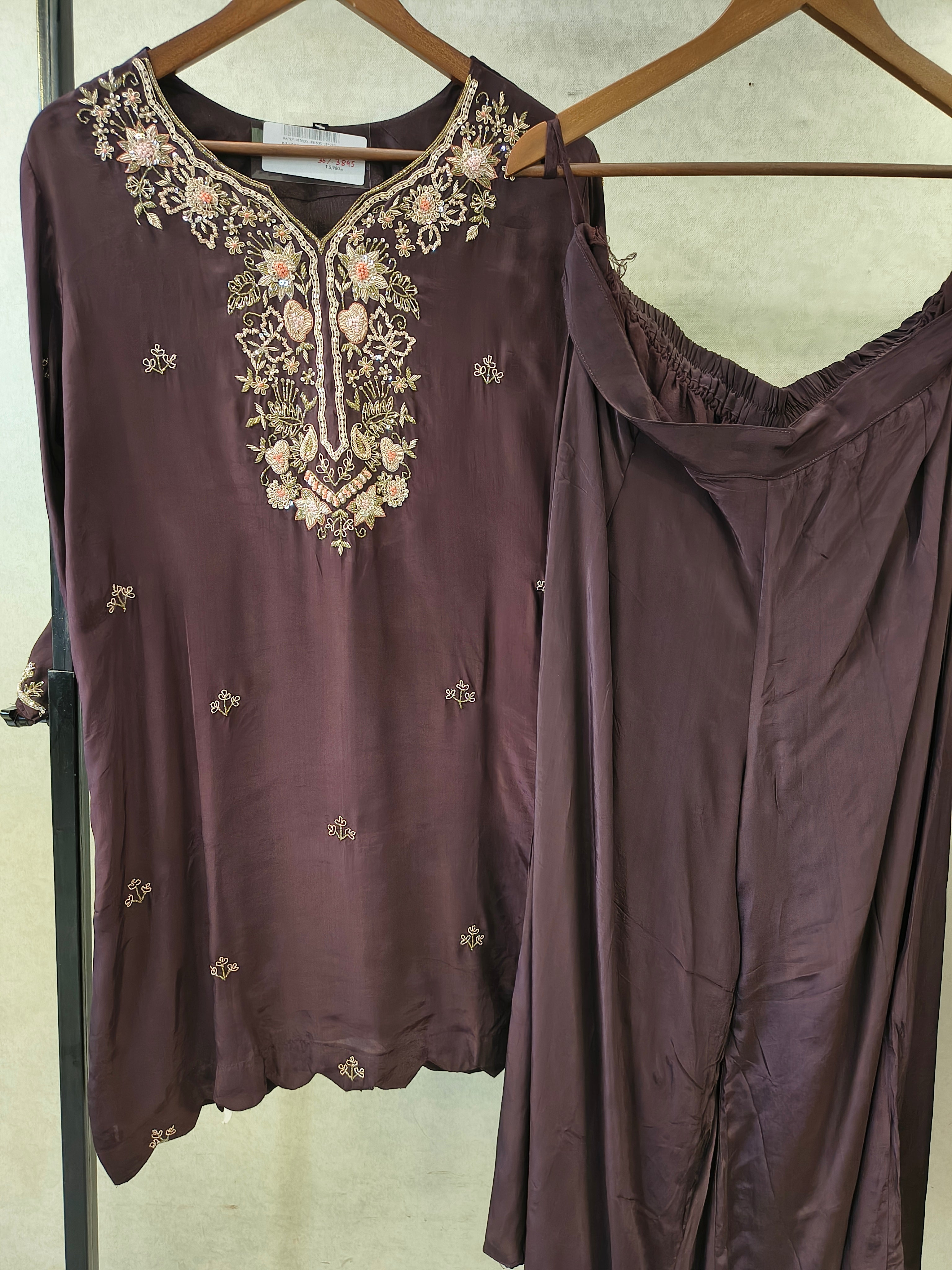 Image of Chocolate Brown Embroidered Straight Kurta Set with Wide Palazzo & Chiffon Dupatta | Premium 3 Piece Festive Ensemble