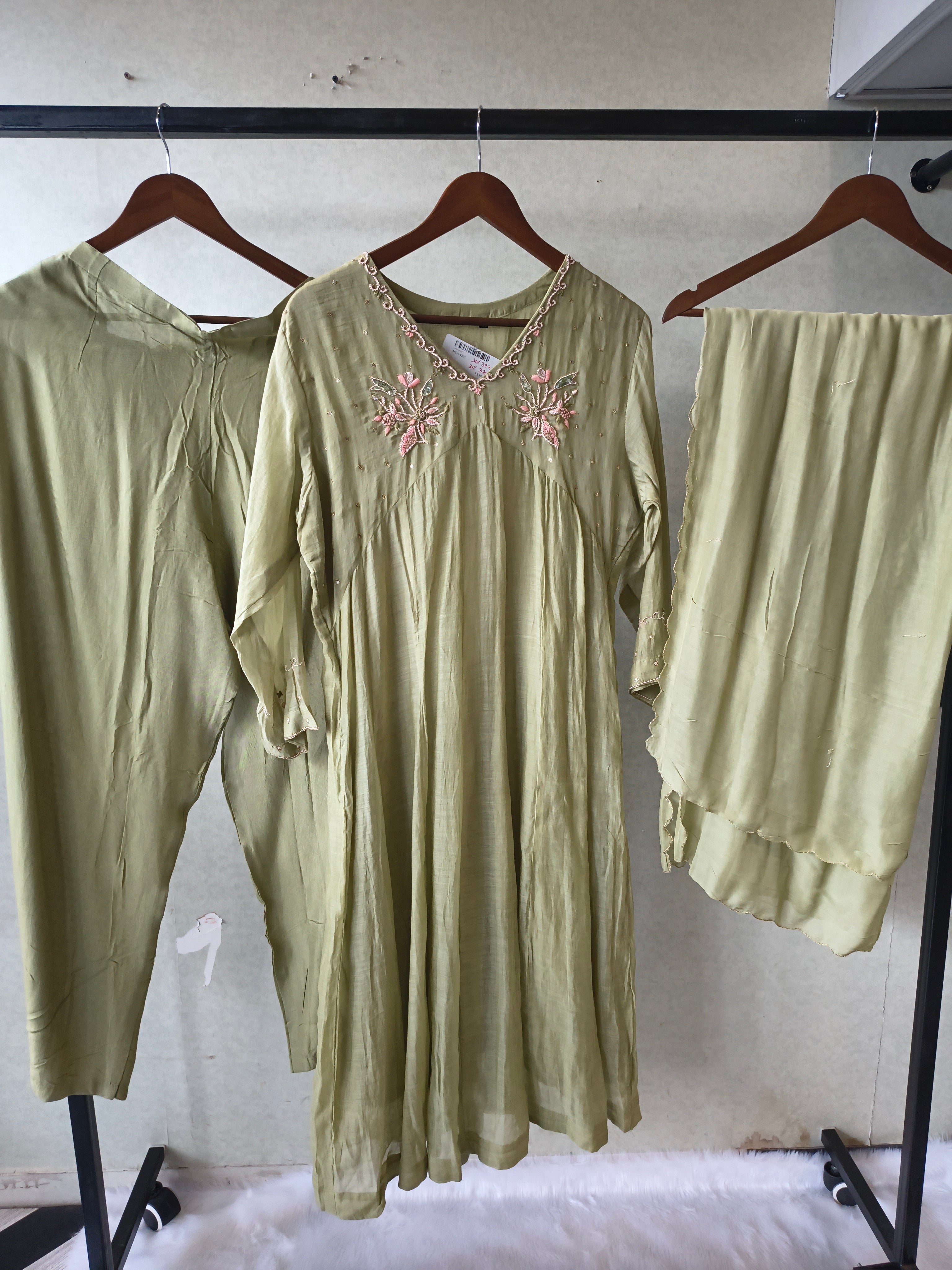 Image of Premium Olive Green Embroidered A-Line Kurta Set with Dupatta