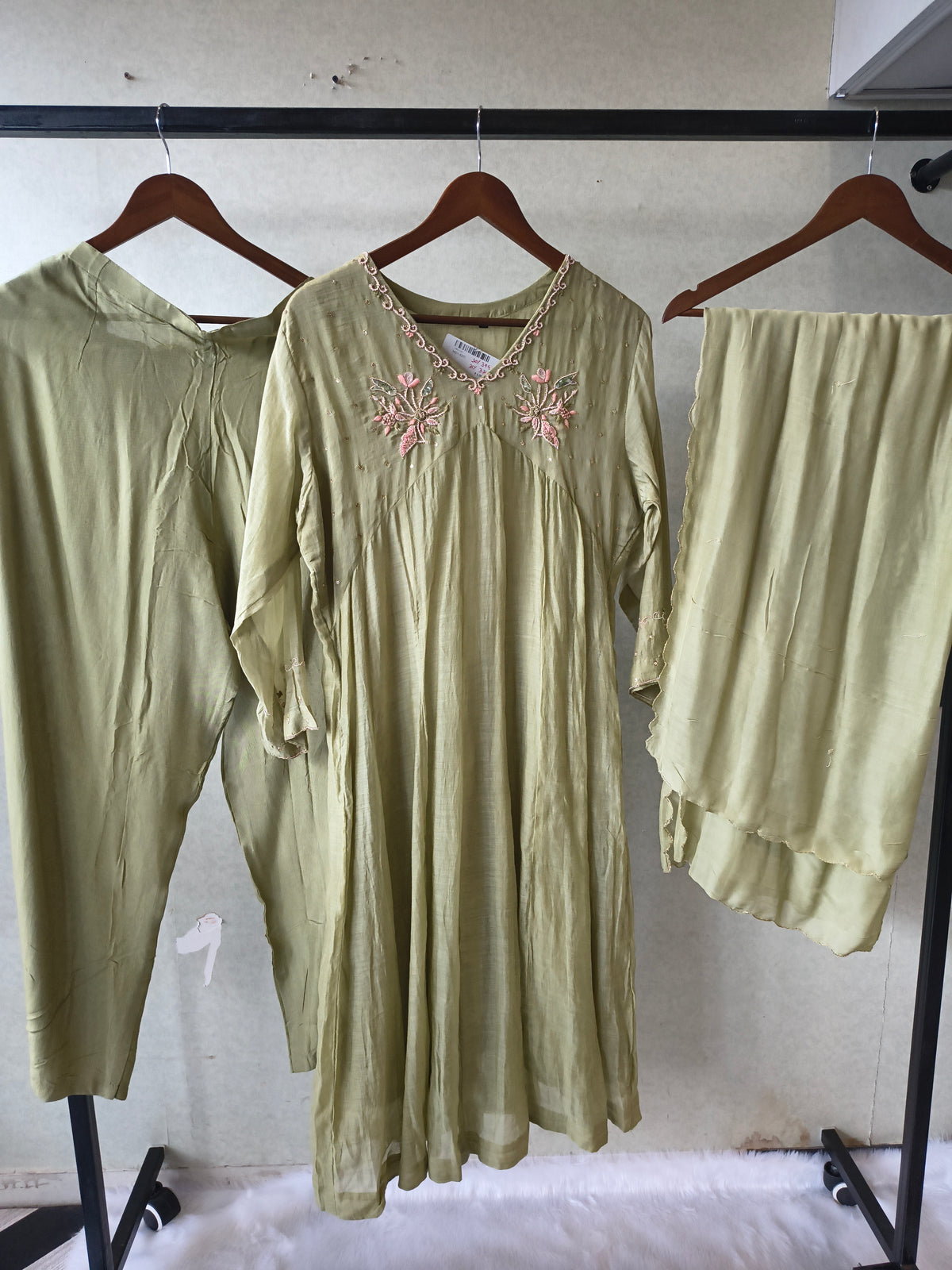 Premium Olive Green Embroidered A-Line Kurta Set with Dupatta