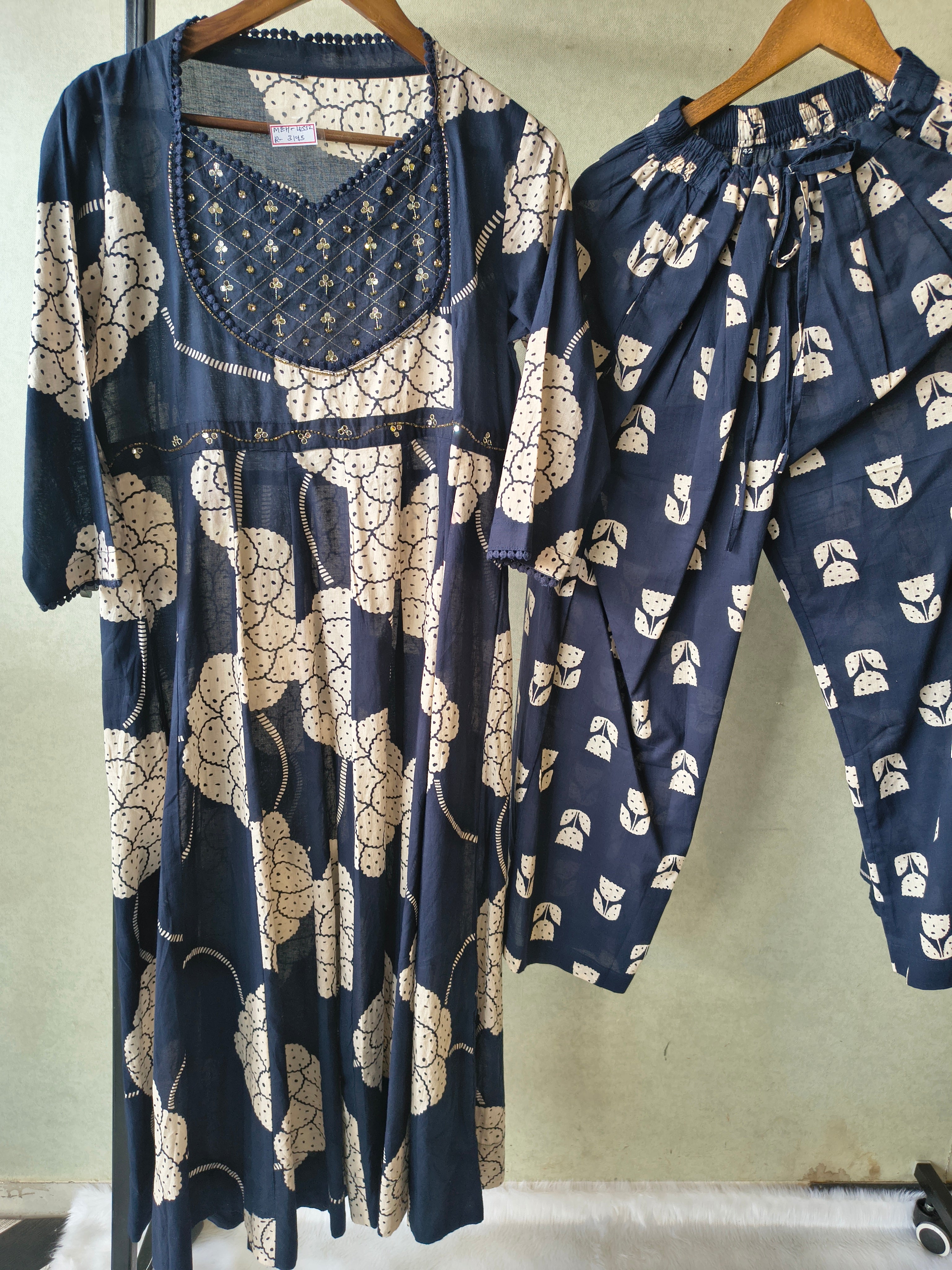 Image of Premium Navy Blue Handblock Printed Cotton Anarkali Suit Set with Printed Pants & Dupatta