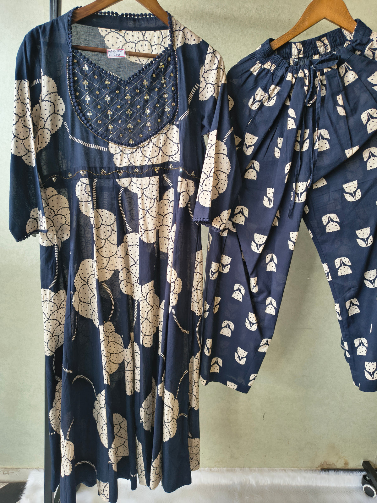 Premium Navy Blue Handblock Printed Cotton Anarkali Suit Set with Printed Pants & Dupatta