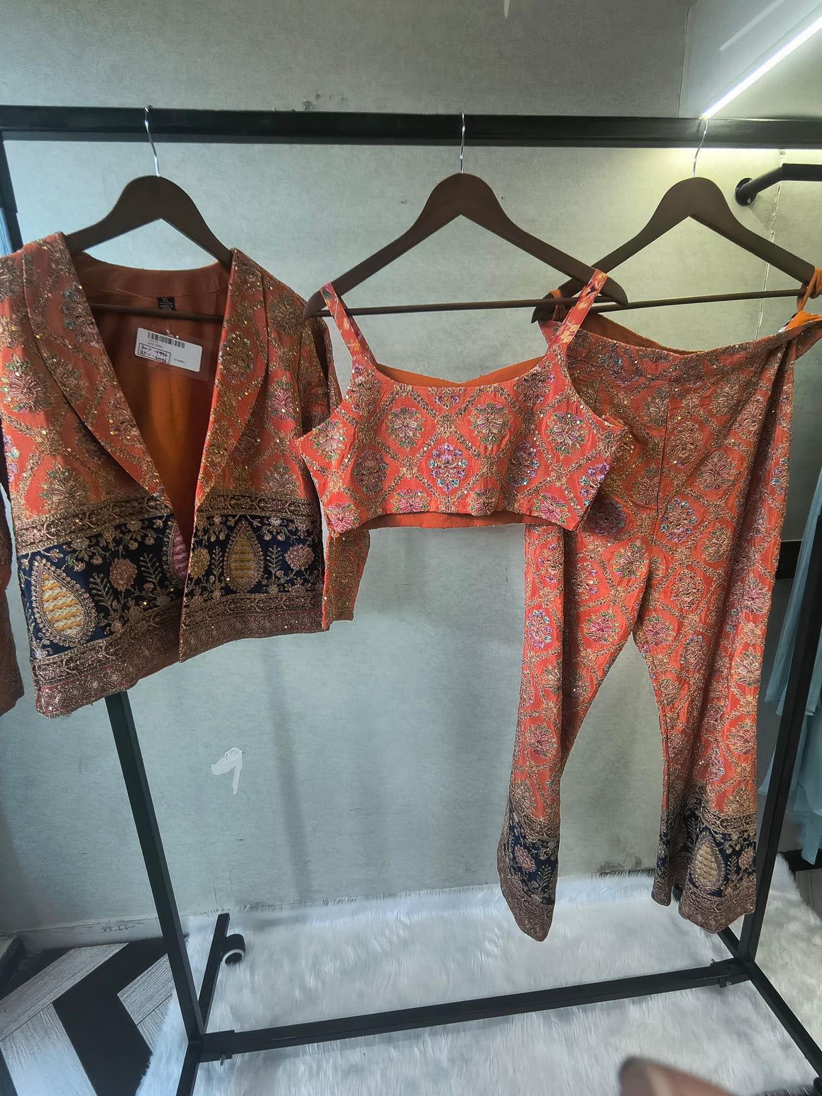 Luxury Coral Brocade Bralette with Embroidered Jacket & Designer Brocade Pants – 3 Piece Indo-Western Co-Ord Set