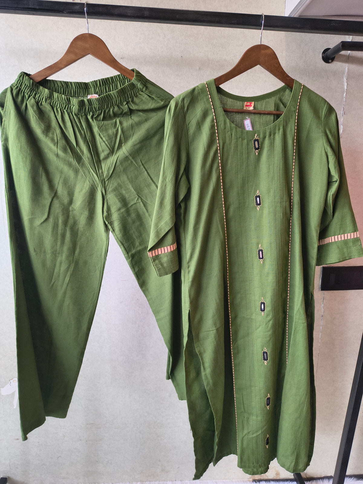 Tadko Premium Olive Green Straight Kurta Co-Ord Set with Embellished Yoke