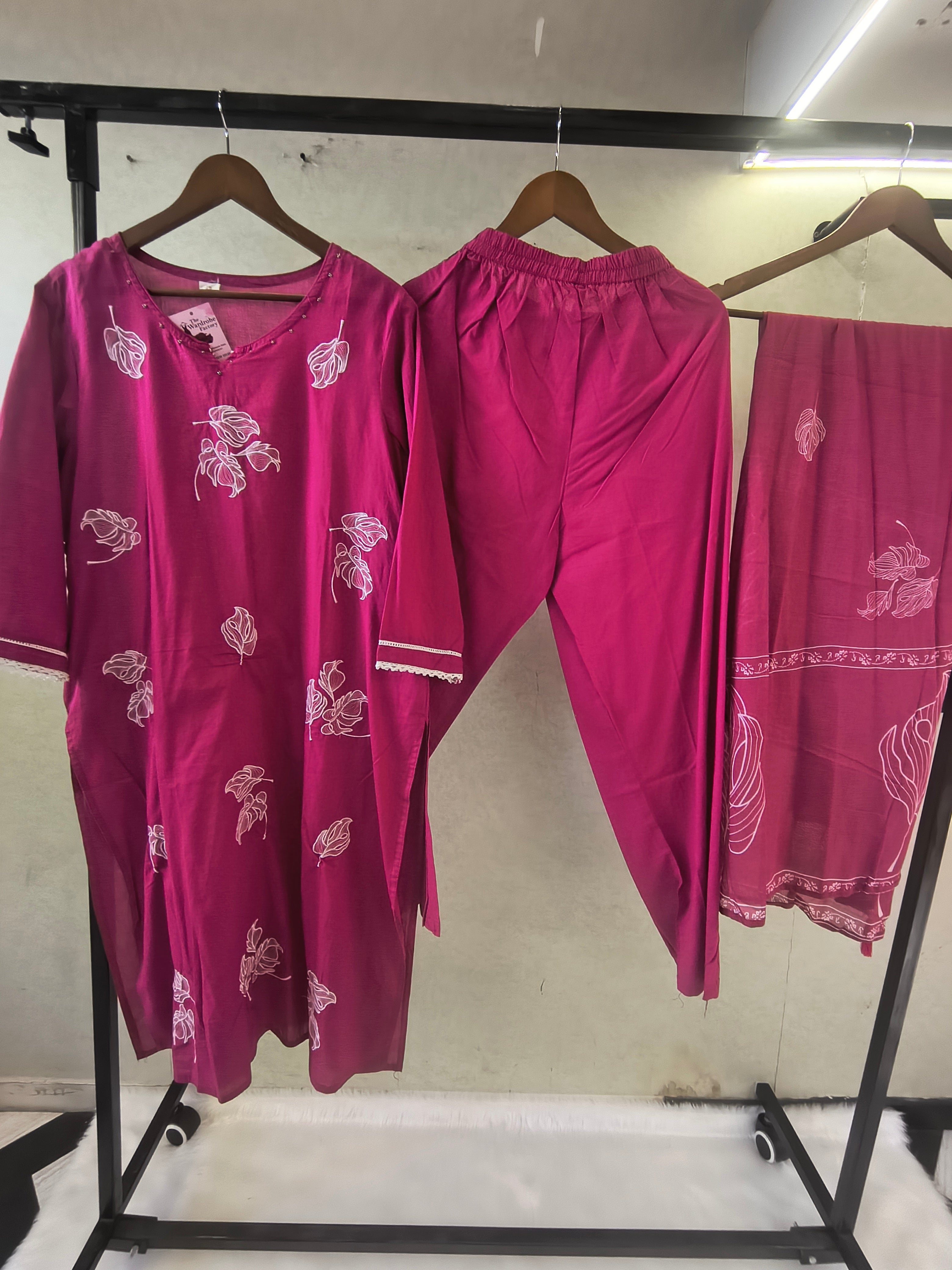 Image of Premium Magenta Floral Printed Kurta Set with Matching Dupatta