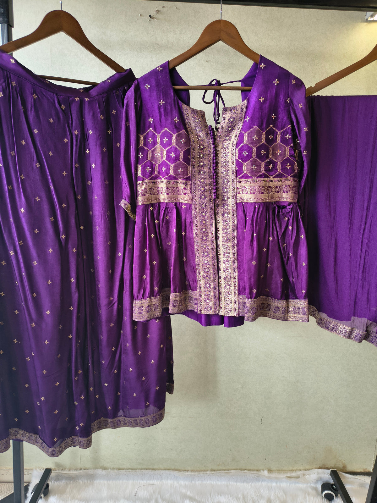 Royal Purple Tissue Silk Embroidered Peplum Jacket with Flared Palazzo & Designer Dupatta – 3 Piece Festive Indo-Western Set