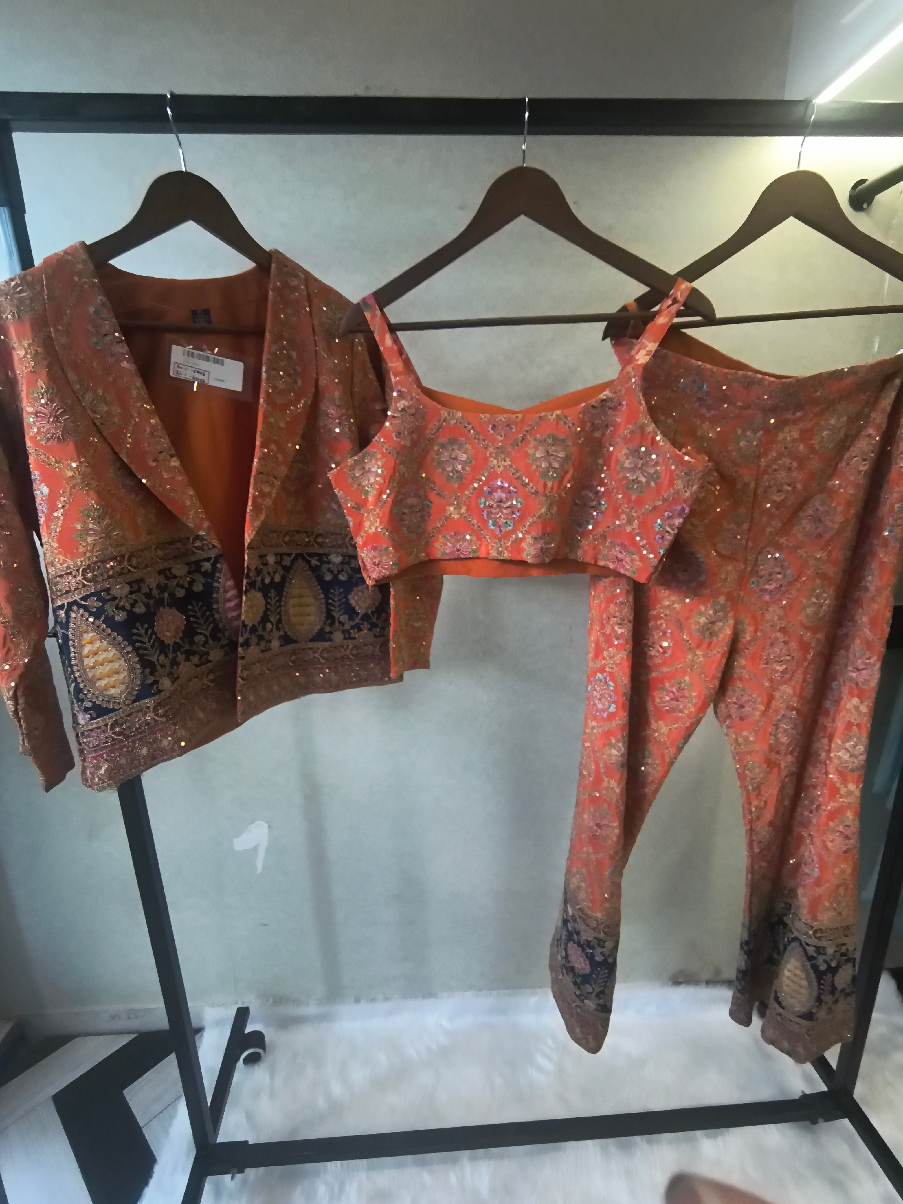 Image of Luxury Coral Brocade Bralette with Embroidered Jacket & Designer Brocade Pants – 3 Piece Indo-Western Co-Ord Set