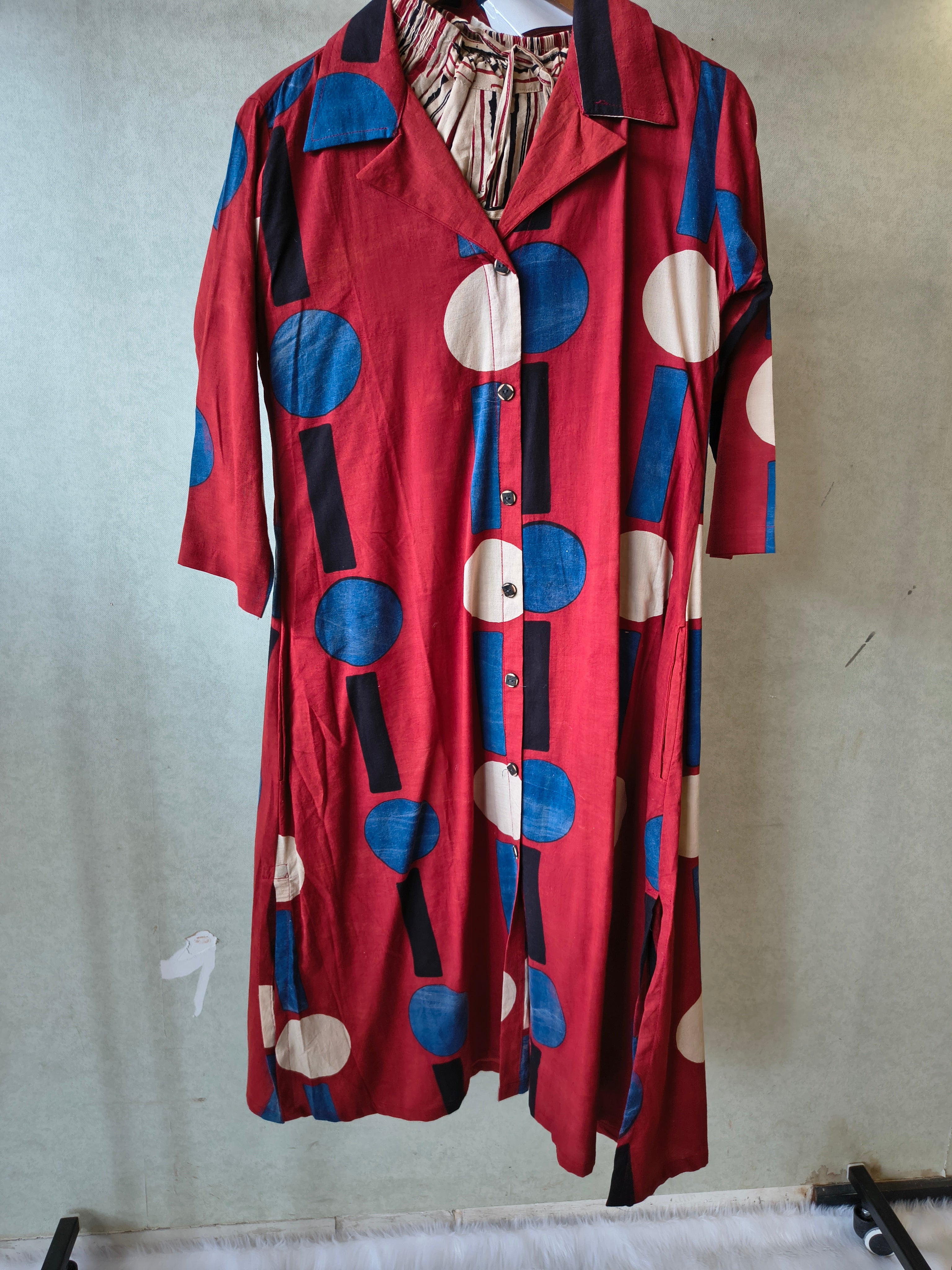 Image of Premium Rust Red Abstract Printed Shirt Kurta with Striped Relaxed Pants Co-Ord Set