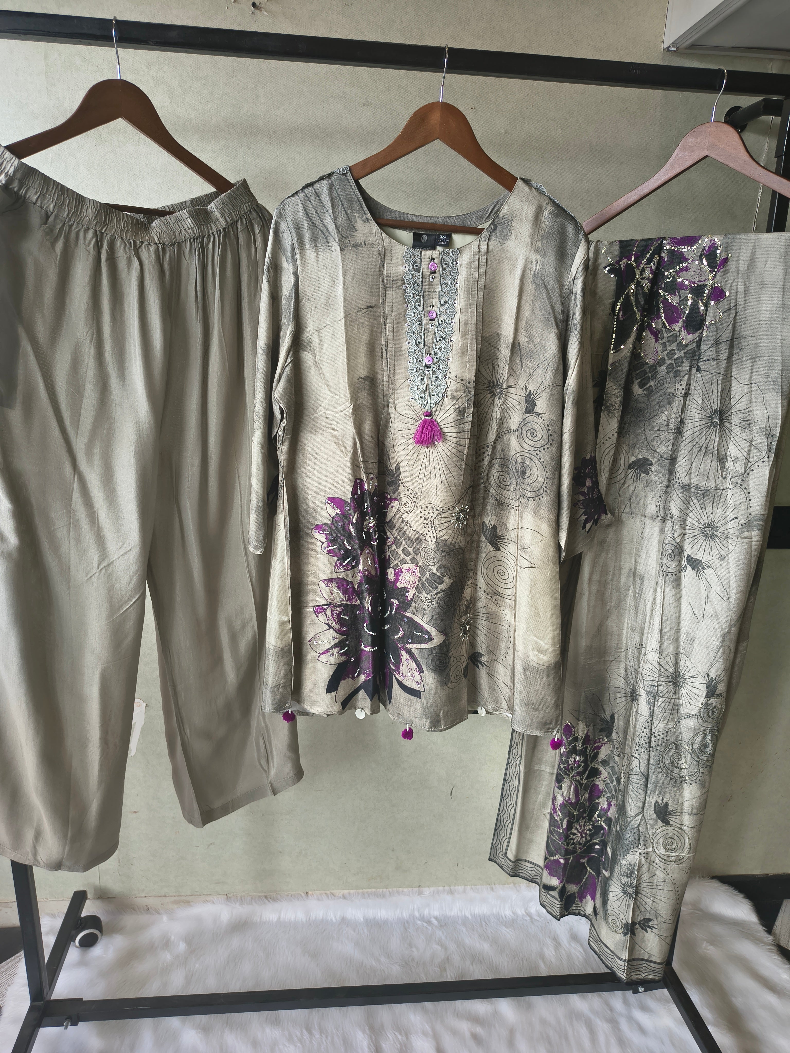 Image of Premium Grey Abstract Floral Printed Kurta Set with Embellished Neckline, Solid Pants & Designer Printed Dupatta